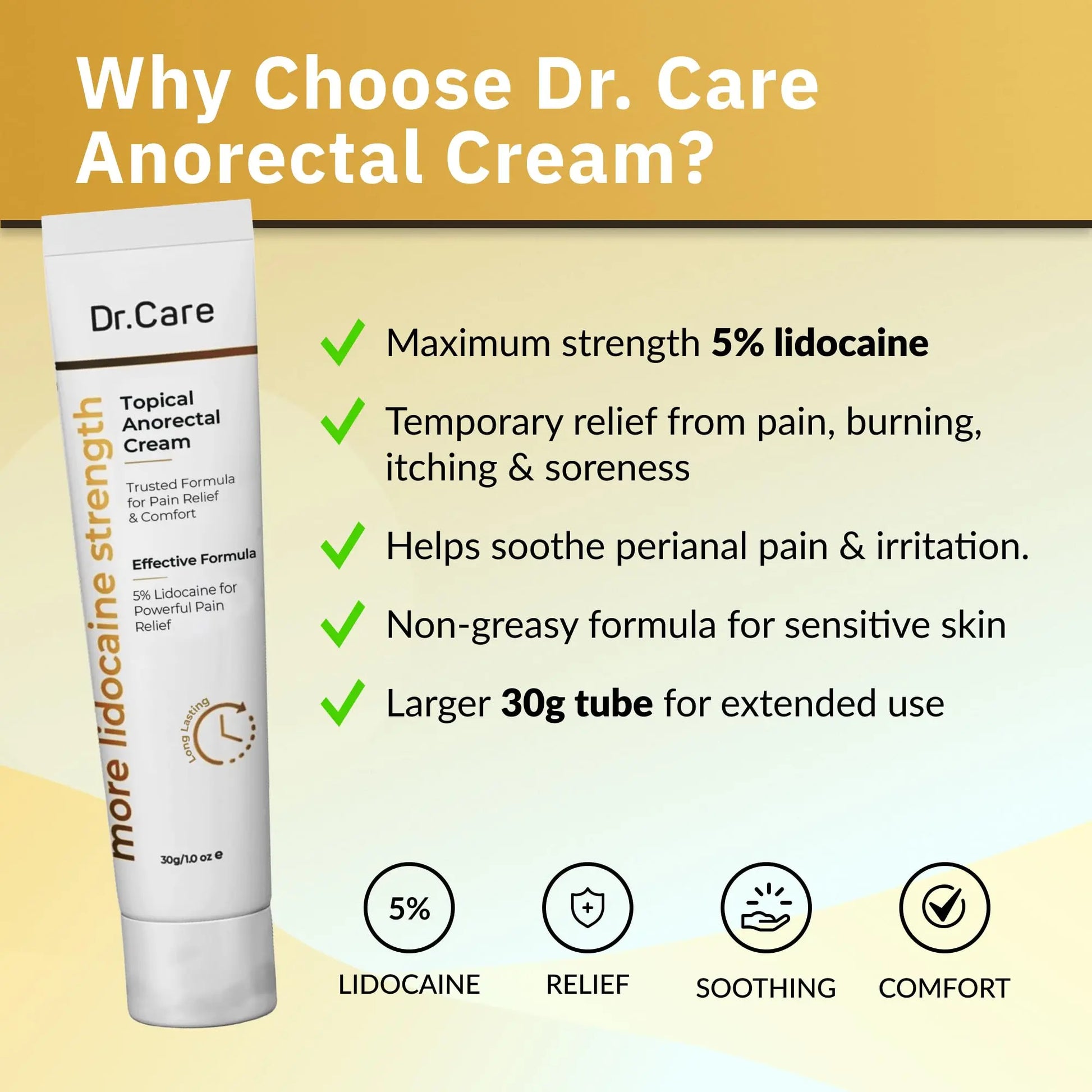 Dr Care Anorectal Cream with 5% Lidocaine - Maximum Strength Topical Anesthetic for Hemorrhoid Relief, Itching, & Burning (1.0 oz) Dr CareAu supplements