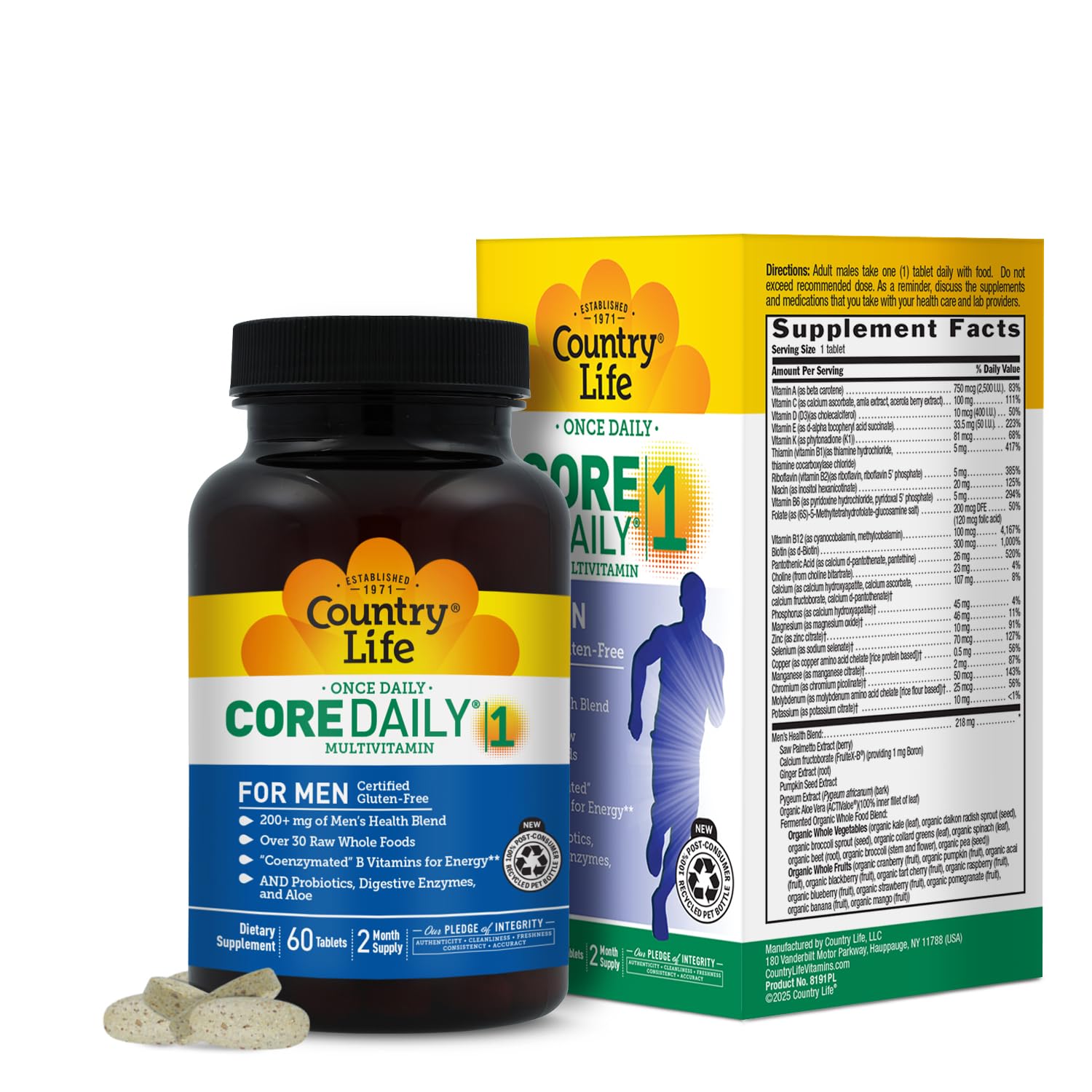 Country Life Core Daily-1 for Men - Multivitamin with Probiotics, Saw Palmetto, Pumpkin Seed Extract, and Coenzymated B Vitamins - Gluten-Free and Vegetarian - 60 Tablets Country LifeAu supplements