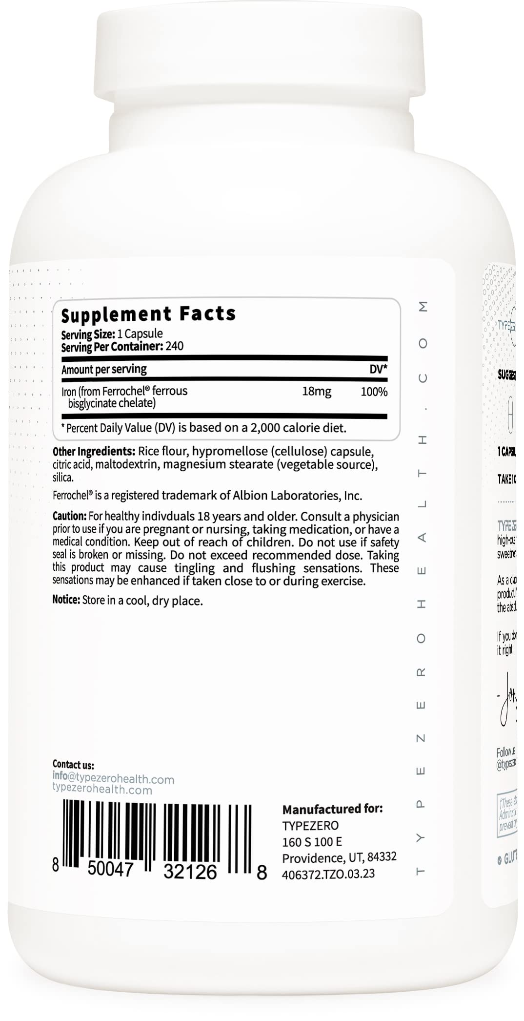 Type Zero Iron Chelate Capsules (18 MG, 240 CAPS) from Ferrochel Ferrous Bisglycinate Chelate - Non-GMO and Gluten Free Type ZeroUS supplements