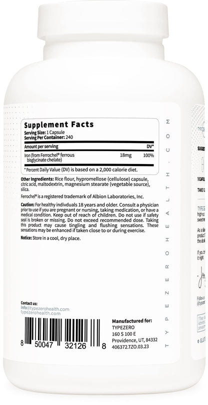 Type Zero Iron Chelate Capsules (18 MG, 240 CAPS) from Ferrochel Ferrous Bisglycinate Chelate - Non-GMO and Gluten Free Type ZeroUS supplements