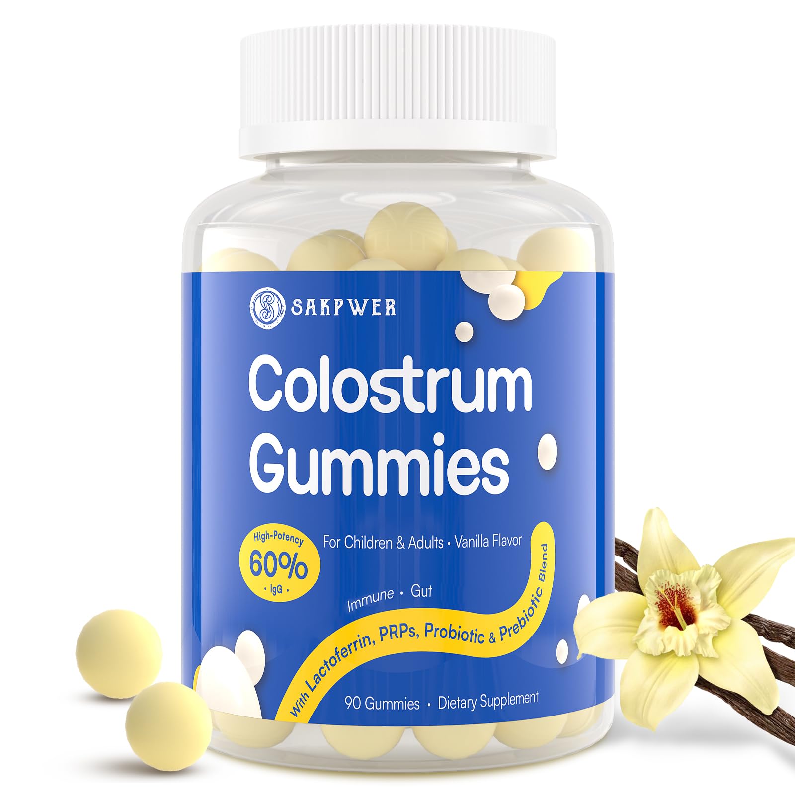 Sakpwer Bovine Colostrum Supplement Gummies - with 60% Highest IgG, Lactoferrin, Probiotics and Prebiotics for Adults and Kids, Vanilla Flavor & Sugar Free, 90 Gummies SakpwerAu supplements