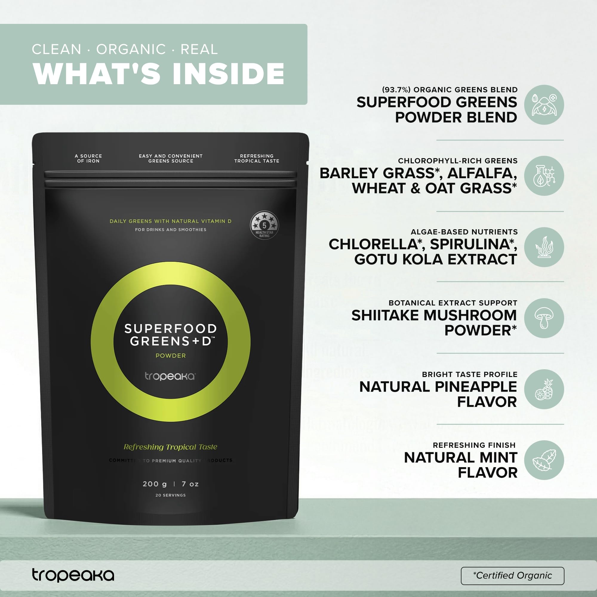 Tropeaka Superfood Greens + D - Antioxidant Green Powder for Energy, Immune System, & Gut Health, Rich in Chlorophyll & Essential Nutrients, Vitamin D, Vegan, Gluten Free, Non-GMO - 7oz (20 Servings) TropeakaAu supplements