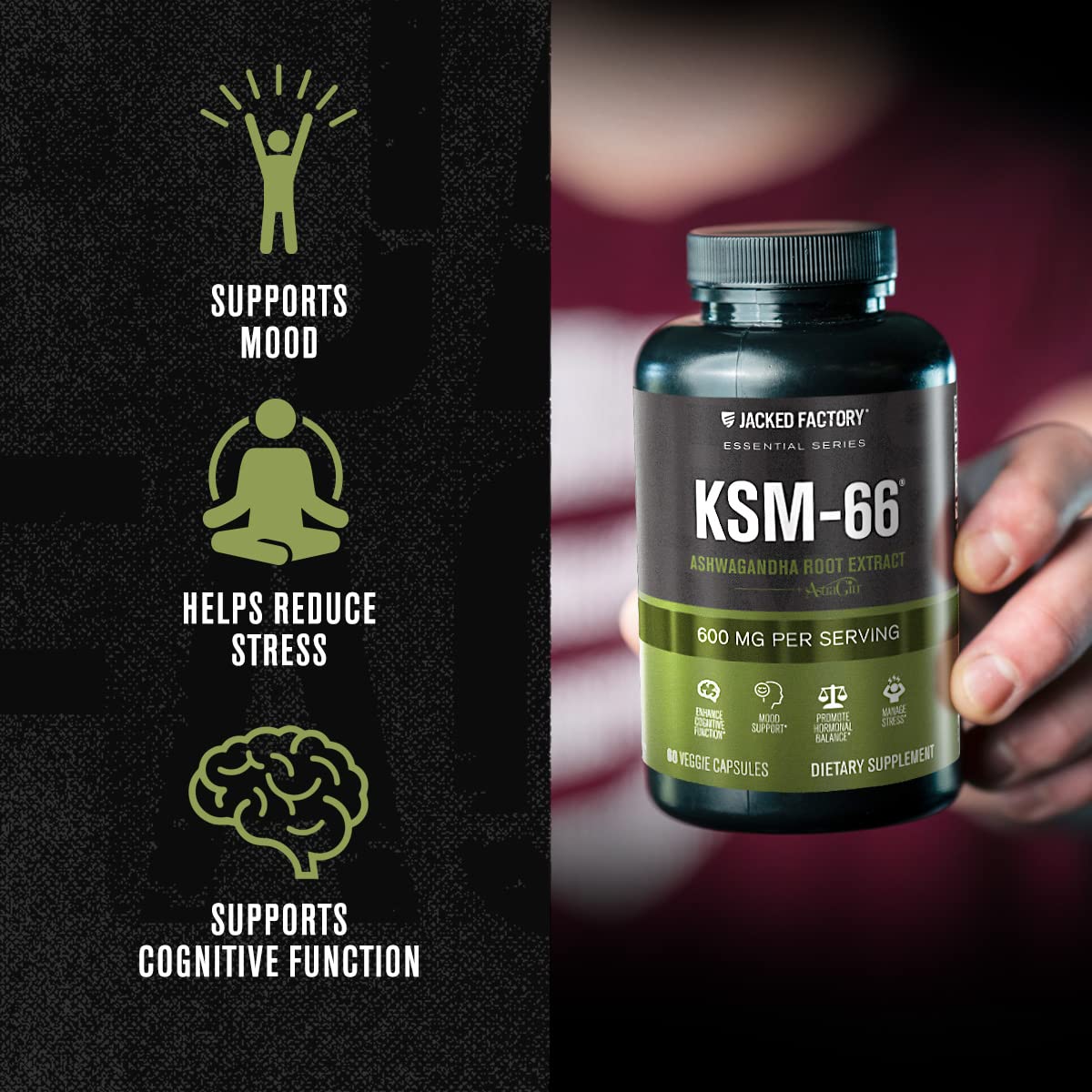 Jacked Factory Ashwagandha Root Extract (KSM-66 Ashwagandha) w/ 5% Withanolides - Supplement for Natural Stress Relief, Cognitive Function, Vitality, and Mood Support - 60 Veggie Capsules Jacked FactoryAu supplements