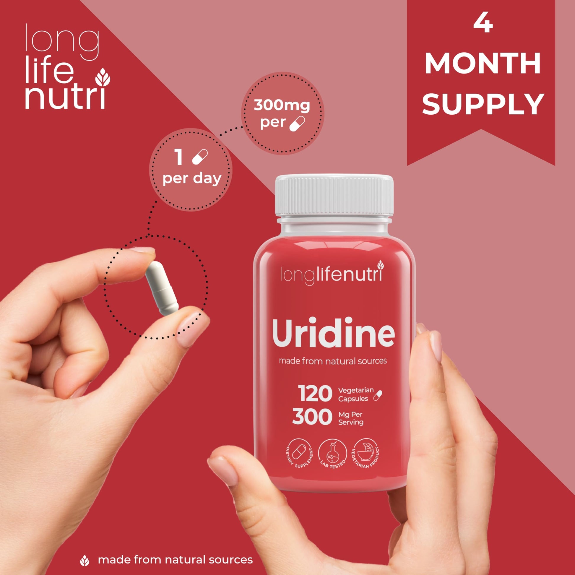 LongLifeNutri Uridine Monophosphate 300mg – Choline Precursor & Synaptic Function, Nootropic for Focus & Mental Performance, 120 Vegetarian Capsules, 4-Month Supply, GMP Certified, Made in USA LongLifeNutriAu supplements