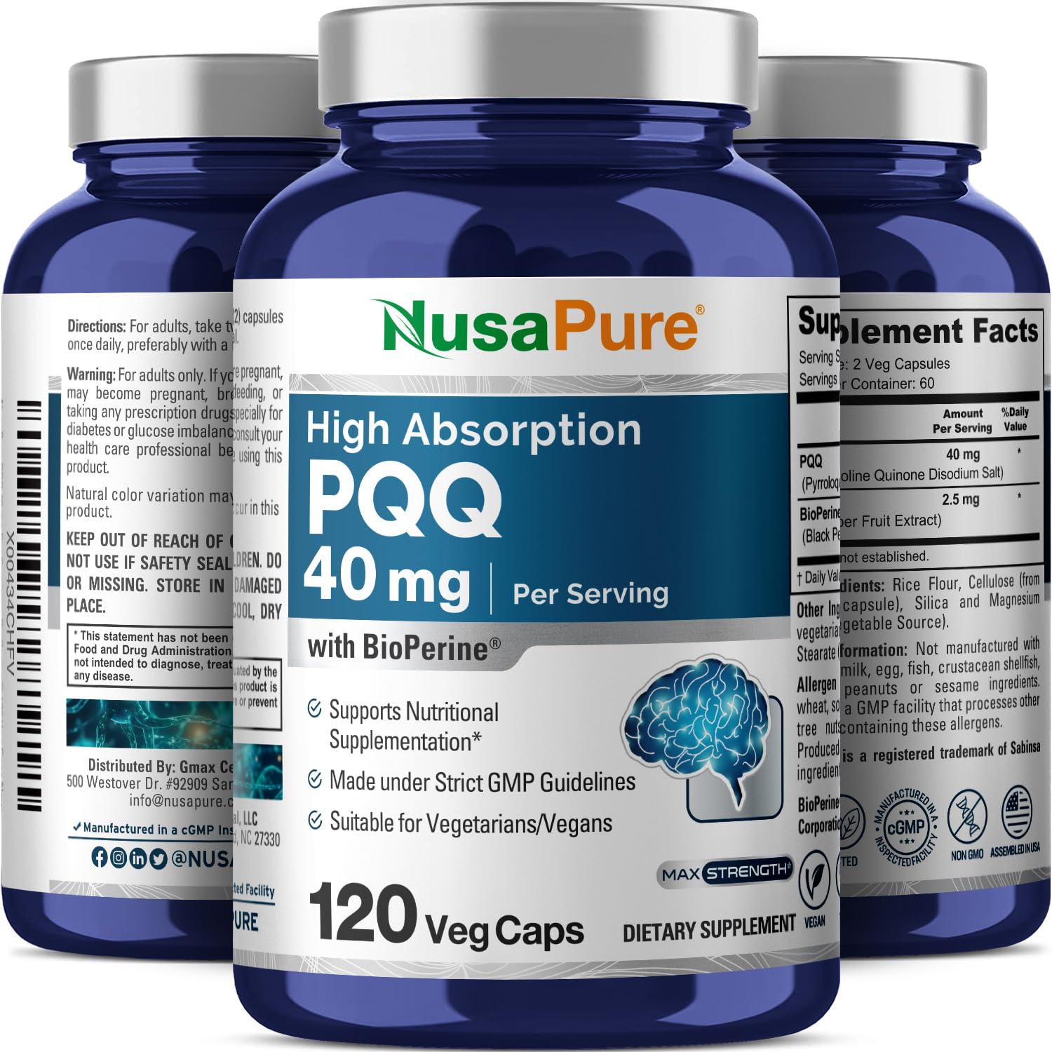 NusaPure PQQ Supplement 40 mg, 120 Veggie Capsules, Non-GMO, Pyrroloquinoline Quinone Disodium Salt, Bioperine & Vegan NusaPureAu supplements