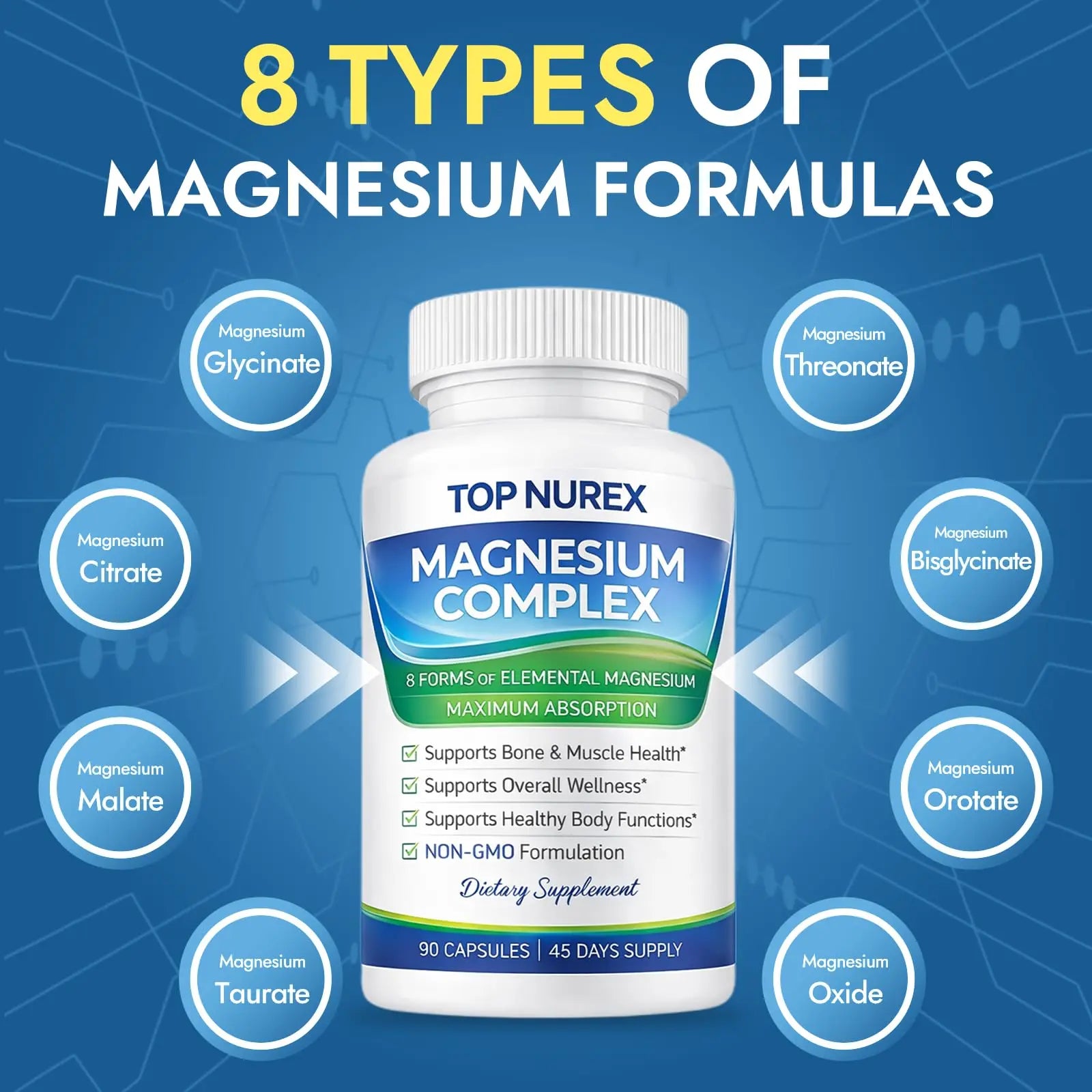 Top Nurex Magnesium Complex 1000 mg, 8-Source Magnesium Blend with Glycinate, Citrate, Malate & Taurate, Vegan Formula, Non-GMO, 90 Capsules Top Nurexnz supplements