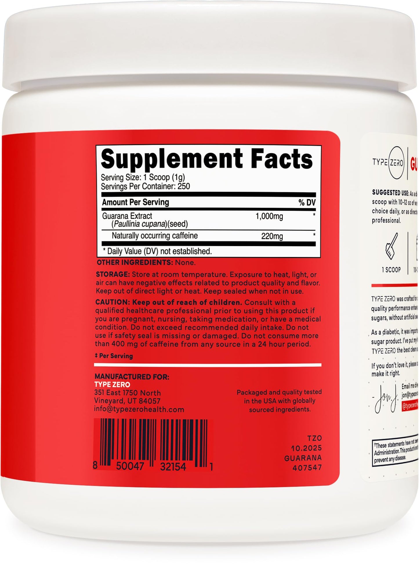 Type Zero Clean Guarana Powder Drink Mix (250 Servings, Unflavored) - 220 MG Caffeine Per Serving, Natural Caffeine, Non GMO, Gluten Free Type ZeroUS supplements
