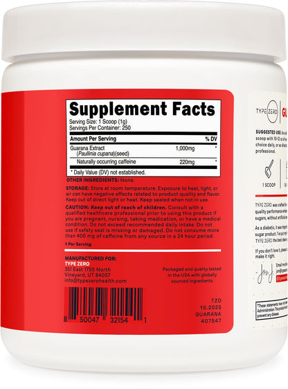 Type Zero Clean Guarana Powder Drink Mix (250 Servings, Unflavored) - 220 MG Caffeine Per Serving, Natural Caffeine, Non GMO, Gluten Free Type ZeroUS supplements