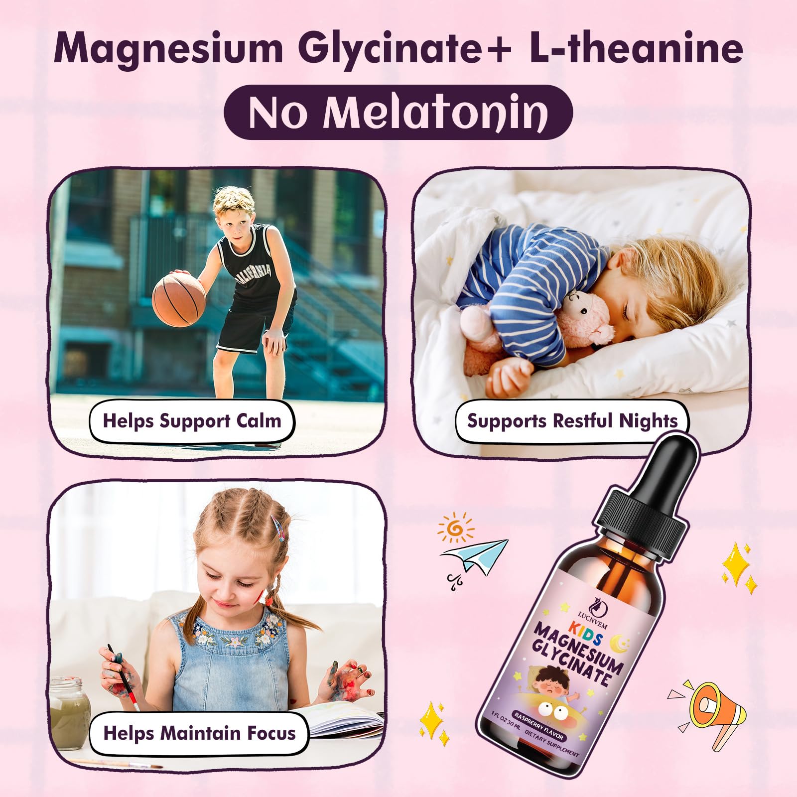 Kids Magnesium Glycinate Sleep Liquid Drops – Sleep & Calm Support with L-Theanine – Melatonin-Free, Sugar-Free Vegan Raspberry Supplement – 2 Bottles, 30ml Each LUCNVEMAu supplements