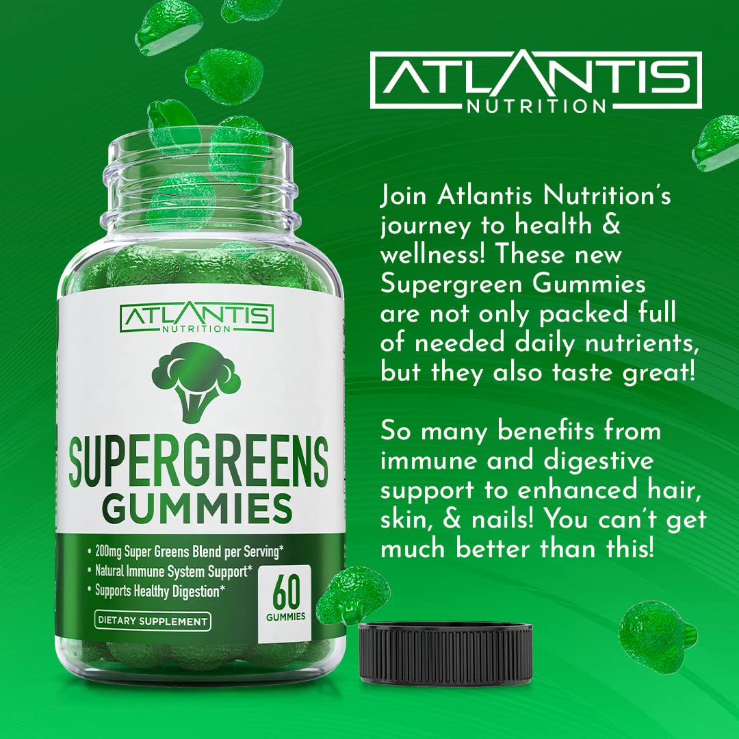 Atlantis Nutrition Supergreens Gummies - Daily Green Superfoods Supplement with Spinach, Broccoli, Moringa, Beet Root, Celery, Green Tea, & Acai for Immunity Support - Natural Raspberry Flavor, 60 cnt Atlantis NutritionAu supplements