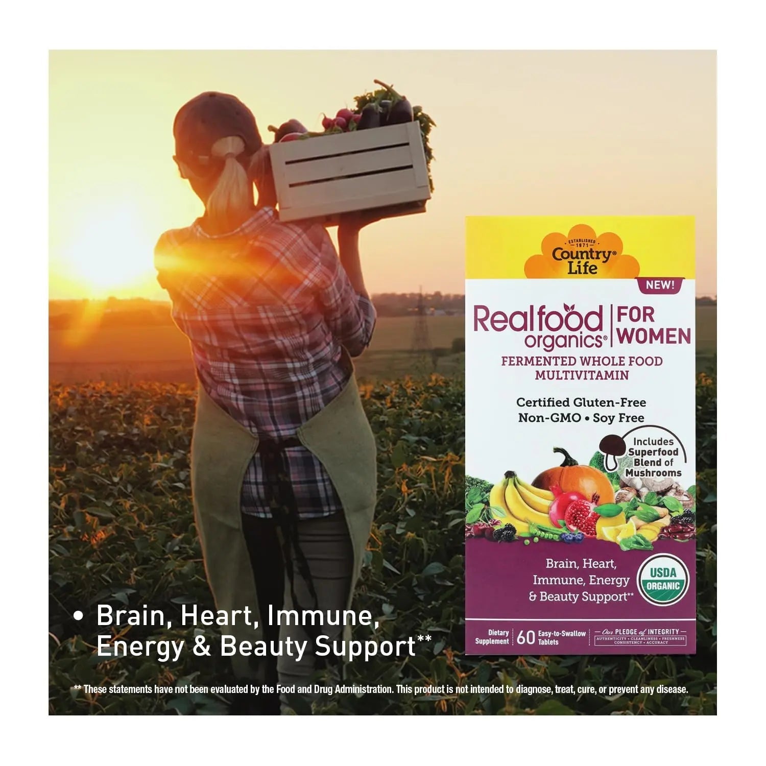 Country Life Realfood Organics Women’s Multivitamin – USDA Organic, Vegan, Gluten-Free – 1,300mg Fermented Whole Foods, Vitamins D, E, B, Folate & Biotin Country LifeAu supplements