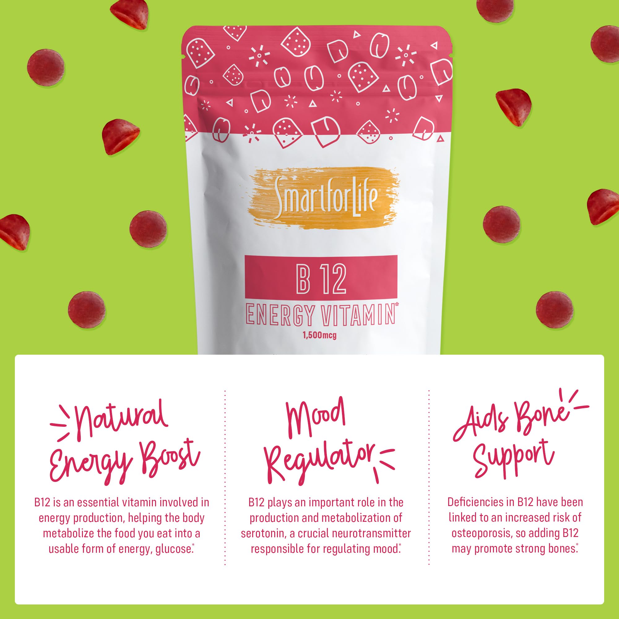 B12 Gummy Vitamins - 1500 mcg Vitamin B12 Gummies for Adults and Kids - Helps with Energy, Metabolism, Bone Nervous System Support Smart for LifeUS supplements
