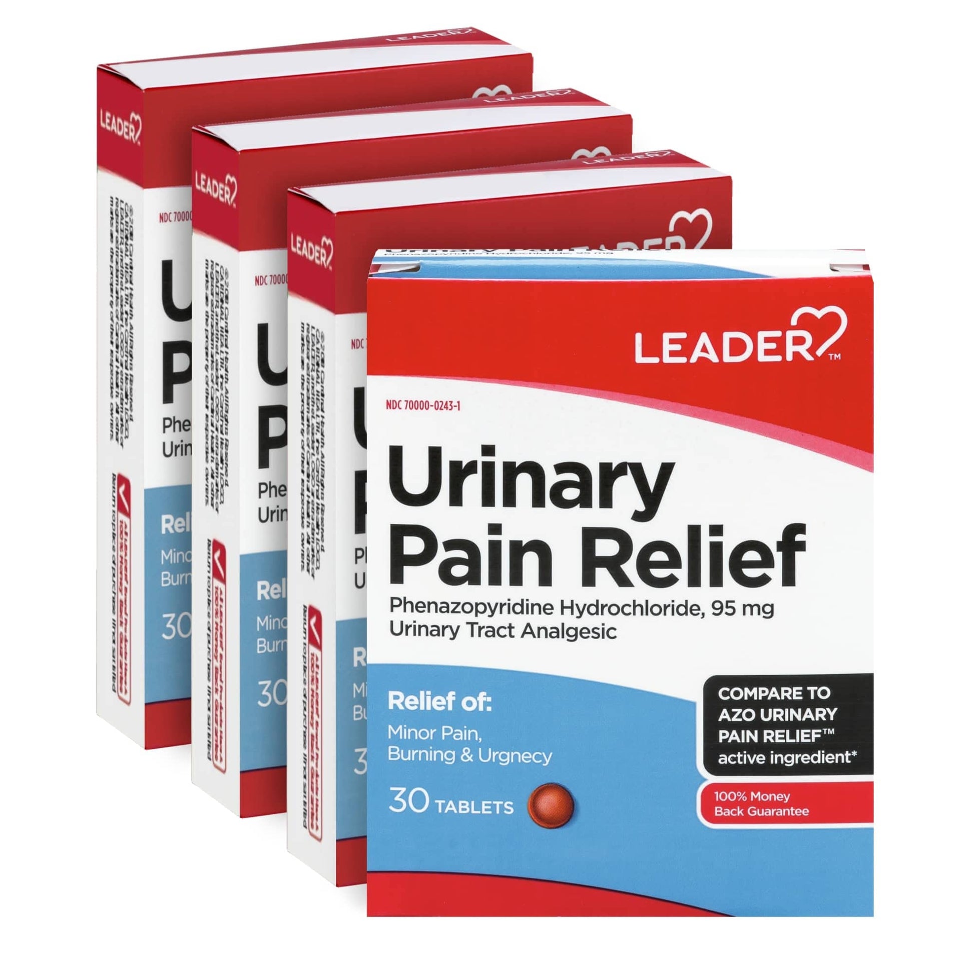 LEADER Urinary Maximum Strength, Fast Action for Burning & Urgency, Phenazopyridine Hydrochloride 95 mg, 30 Tablets, 4-Pack LeaderAu supplements