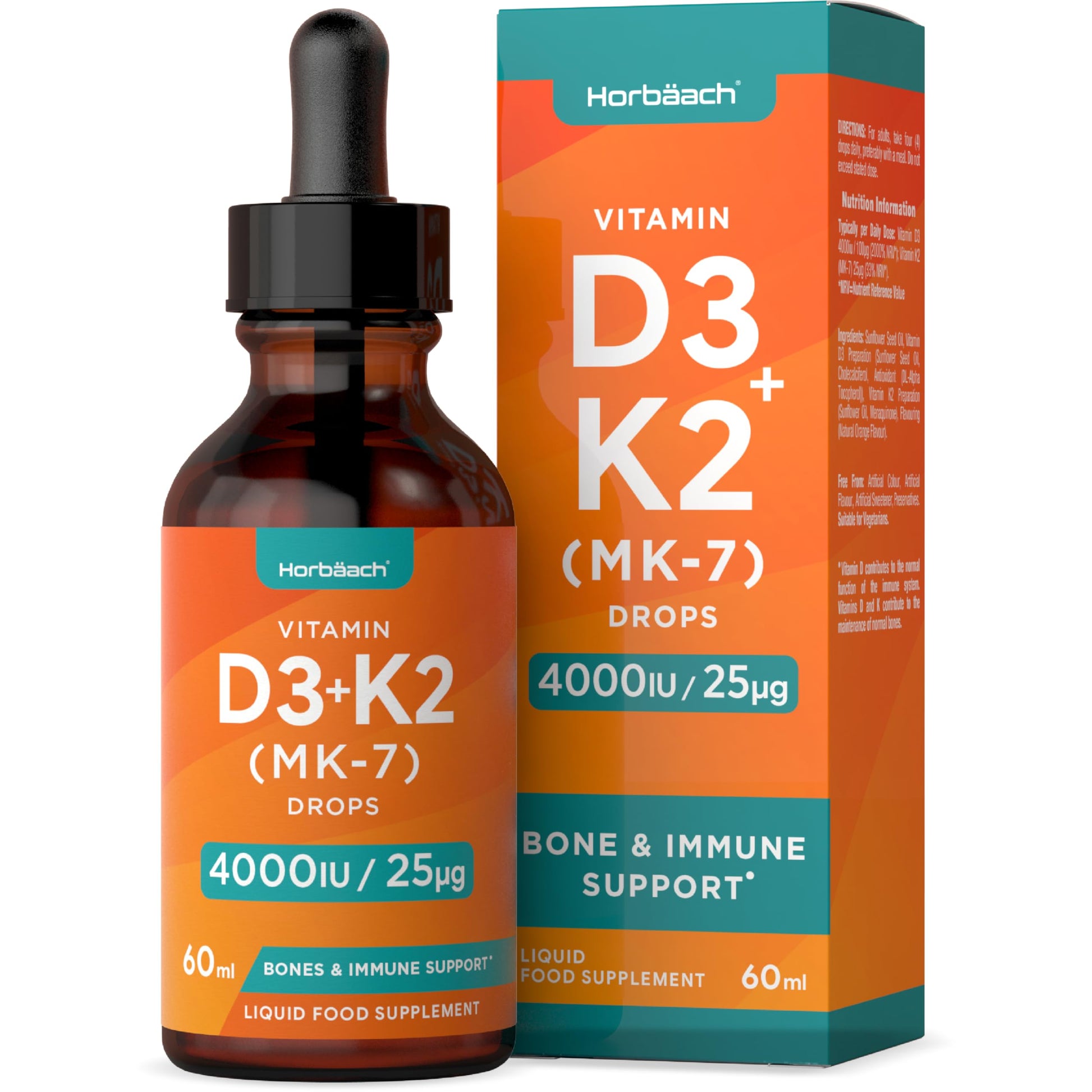 Vitamin D3 K2 Drops | 60mL | High Strength Vitamin D3 4000iu and K2 25ug | No Artificial HorbäachUS supplements