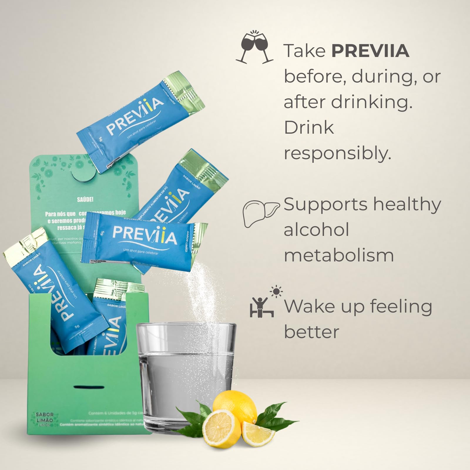 Previia – Pre-Drink Supplement | Nutrients Before Social Drinking | Cysteine, Choline, B-Complex, Magnesium, VIT C | Lemon Flavor | Soluble Drink | 6 Doses | Feel Better After Drinking PreviiaAu supplements