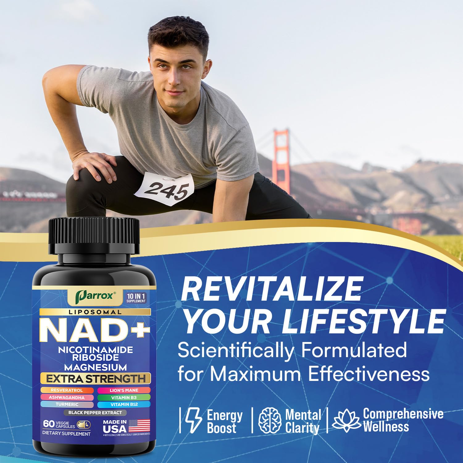 Parrox NAD+ Supplement with Liposomal NAD+, Nicotinamide Riboside, Magnesium, Vitamin B3 & B12, Resveratrol, Turmeric, Ashwagandha, Lion’s Mane,10-in-1 Extra Strength (2 Pack) ParroxAu supplements