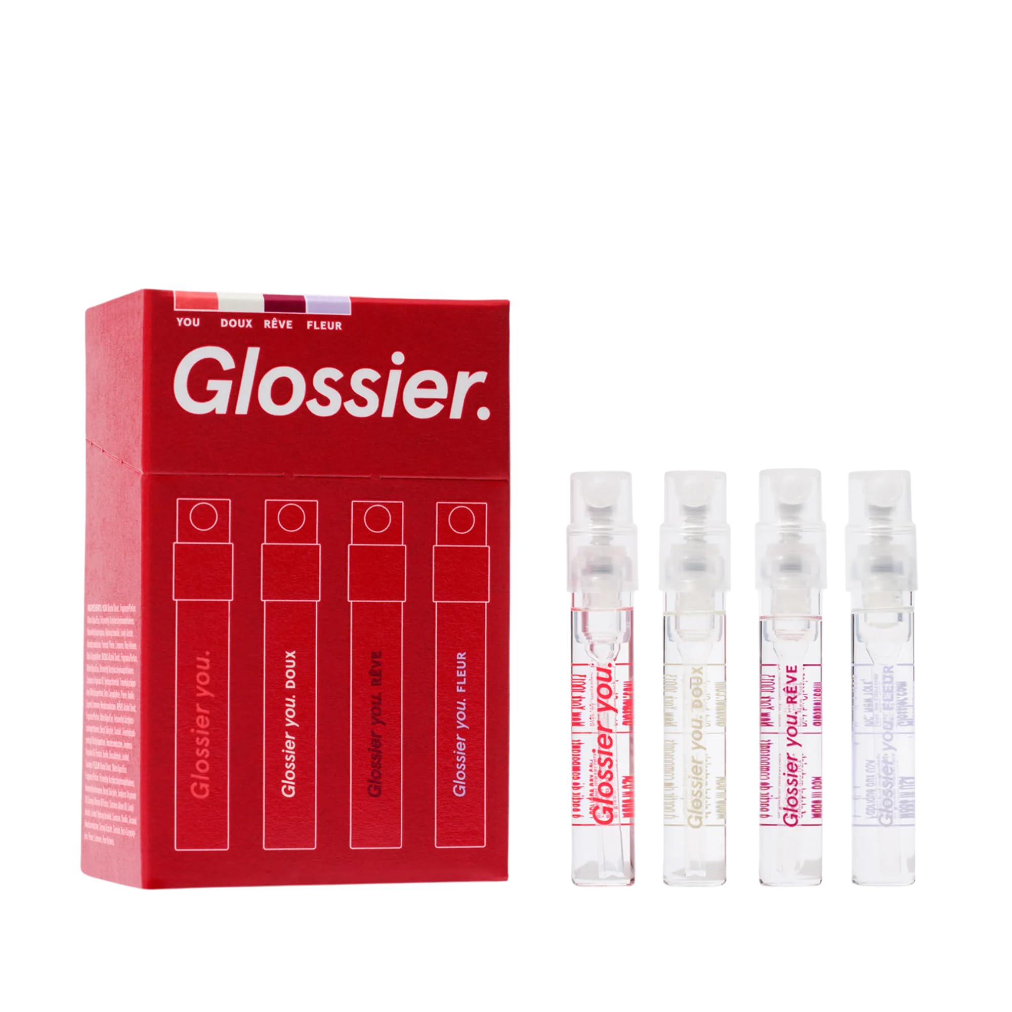 Glossier You Mini Wardrobe Fragrance Set - 4 Unisex Travel Size Eau de Parfum for Women & Men - Skin-Scent Enhancer Perfume Sampler, Smells Different on Everyone - You, Fleur, Doux, Rêve - 1.5ml Each GlossierAu supplements
