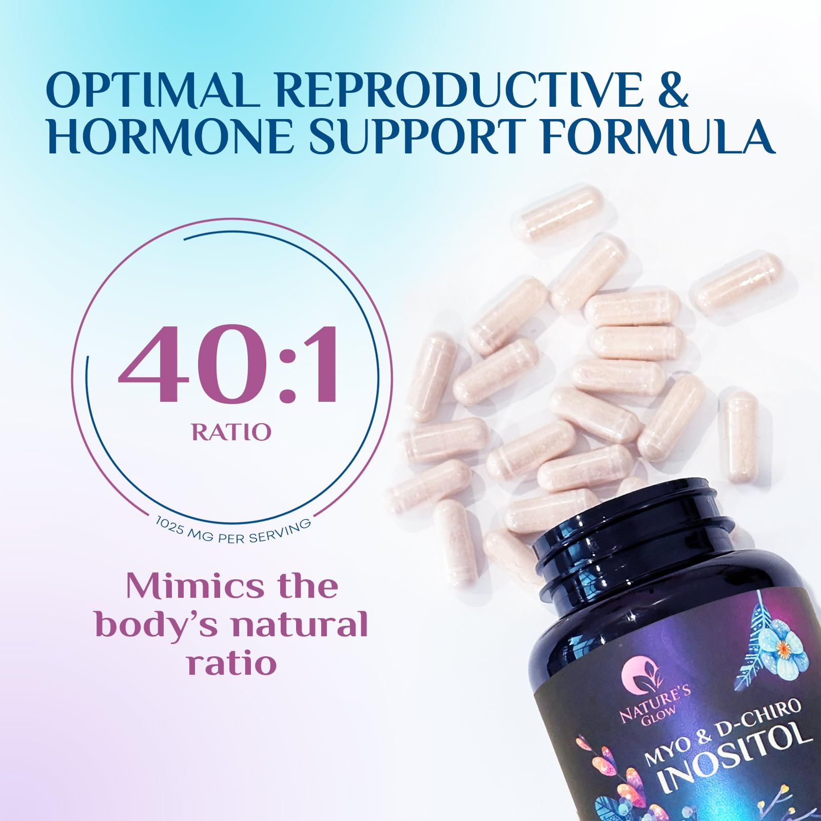 Myo-Inositol & D-Chiro Inositol 1025mg - 40:1 Ideal Ratio for Ovarian Support, Vegan Myo & D Chiro Supplement for Women's Natural Balance and Hormone Support, Vitamin B8, Non-GMO - 120 Capsules Nature's GlowAu supplements