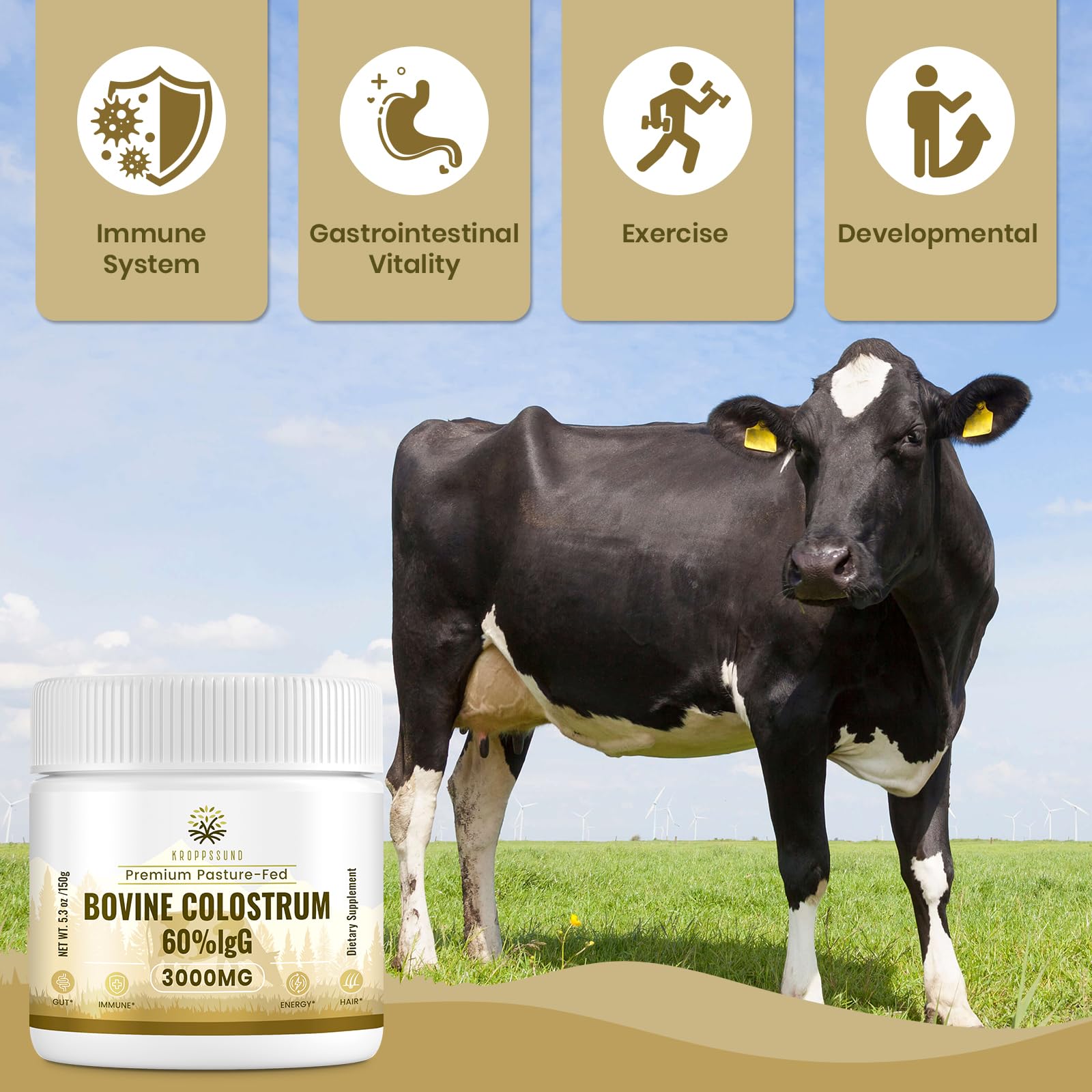 Kroppssund Bovine Colostrum Powder Supplement 3000 mg - Extra High 60% IgG Bovine Colostrum - Gut, Bone, Exercise, Immune - 50 Servings (1 Bottle) KroppssundAu supplements
