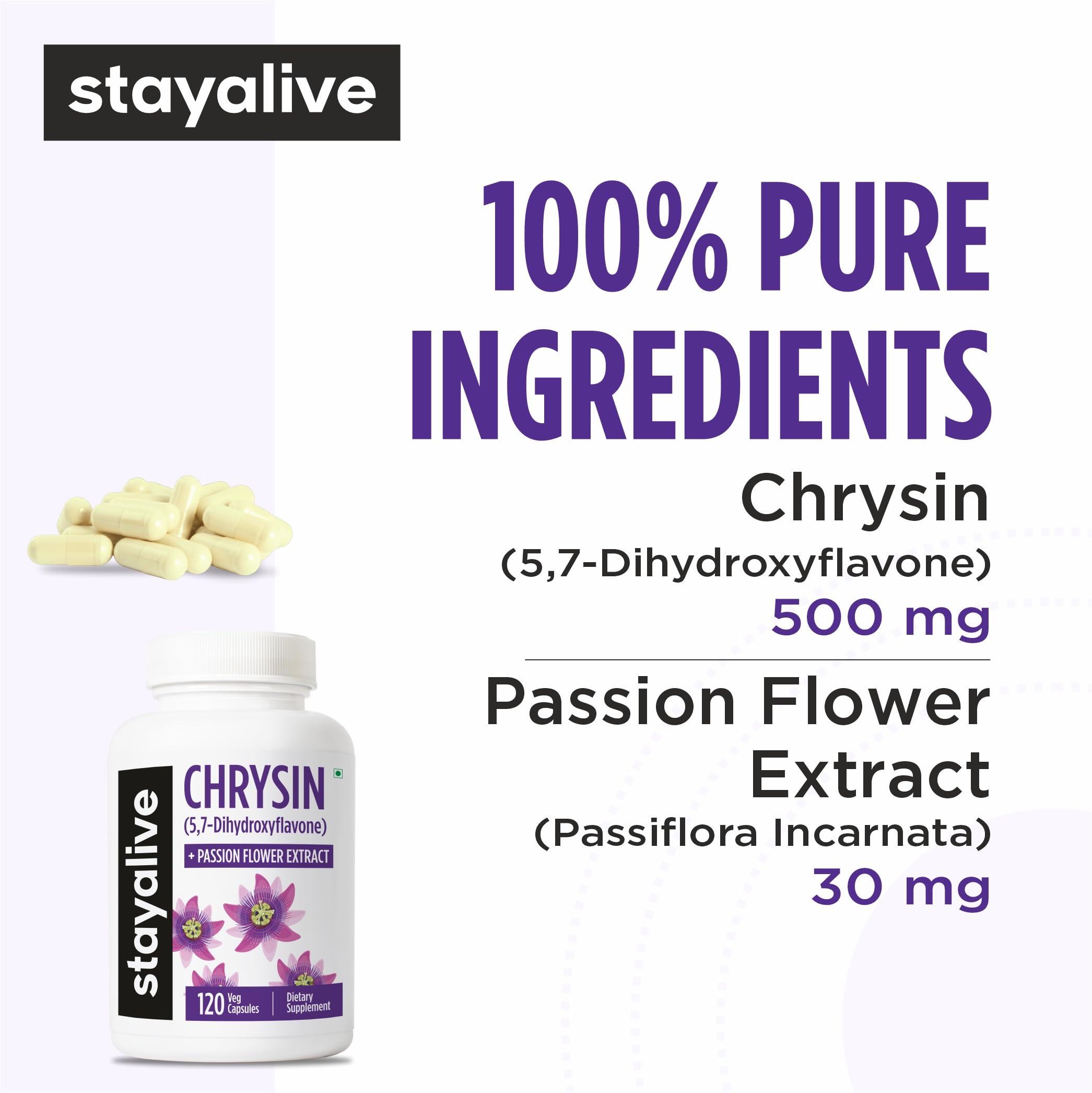 STAY ALIVE Chrysin Supplement 500mg & Passion Flower Extract Powder, 5,7-Dihydroxyflavone, Non-GMO and Gluten-Free Chrysin for Men and Women, 120 Capsules STAY ALIVEAu supplements