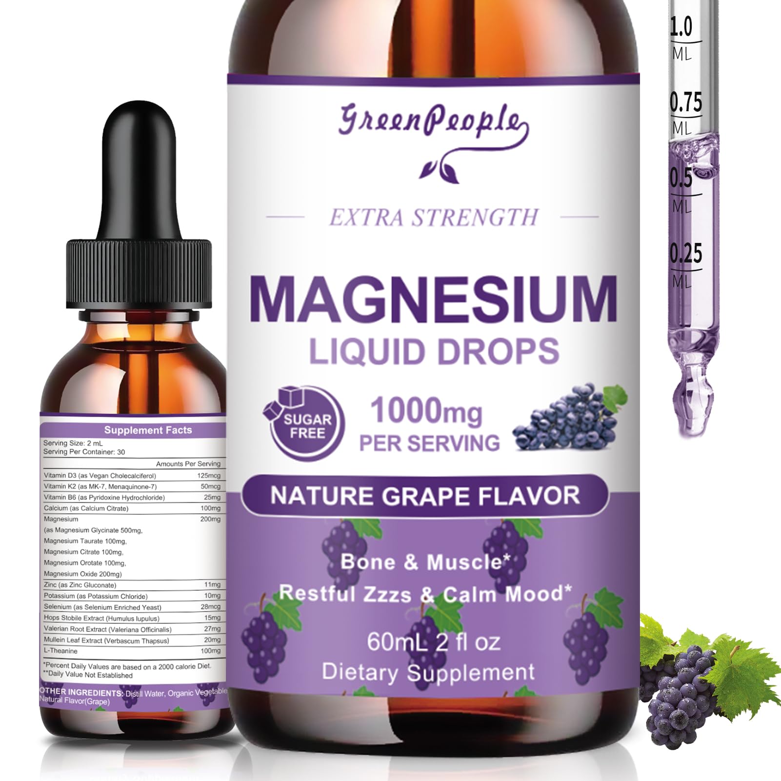 GREENPEOPLE Magnesium Glycinate Liquid Drops - 1000mg 5-in-1 High Absorption Liquid Magnesium for Sleep with D3/K2/B6 | Fast-Acting, Bone, Muscle & Sleep | Sugar-Free Grape Flavor, 2fl Oz GREENPEOPLEAu supplements