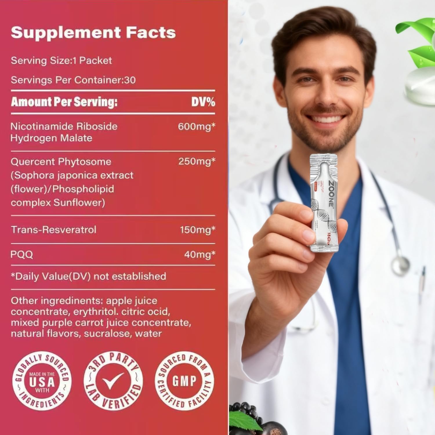 Zoone NAD Resveratrol Supplement, NAD+ Liquid Supplement 1000mg, with Nicotinamide Riboside, Resveratrol & PQQ, NAD Supplements for Men & Women, Healthy Aging & Boosts Cellular Energy – 30 Packs ZooneAu supplements