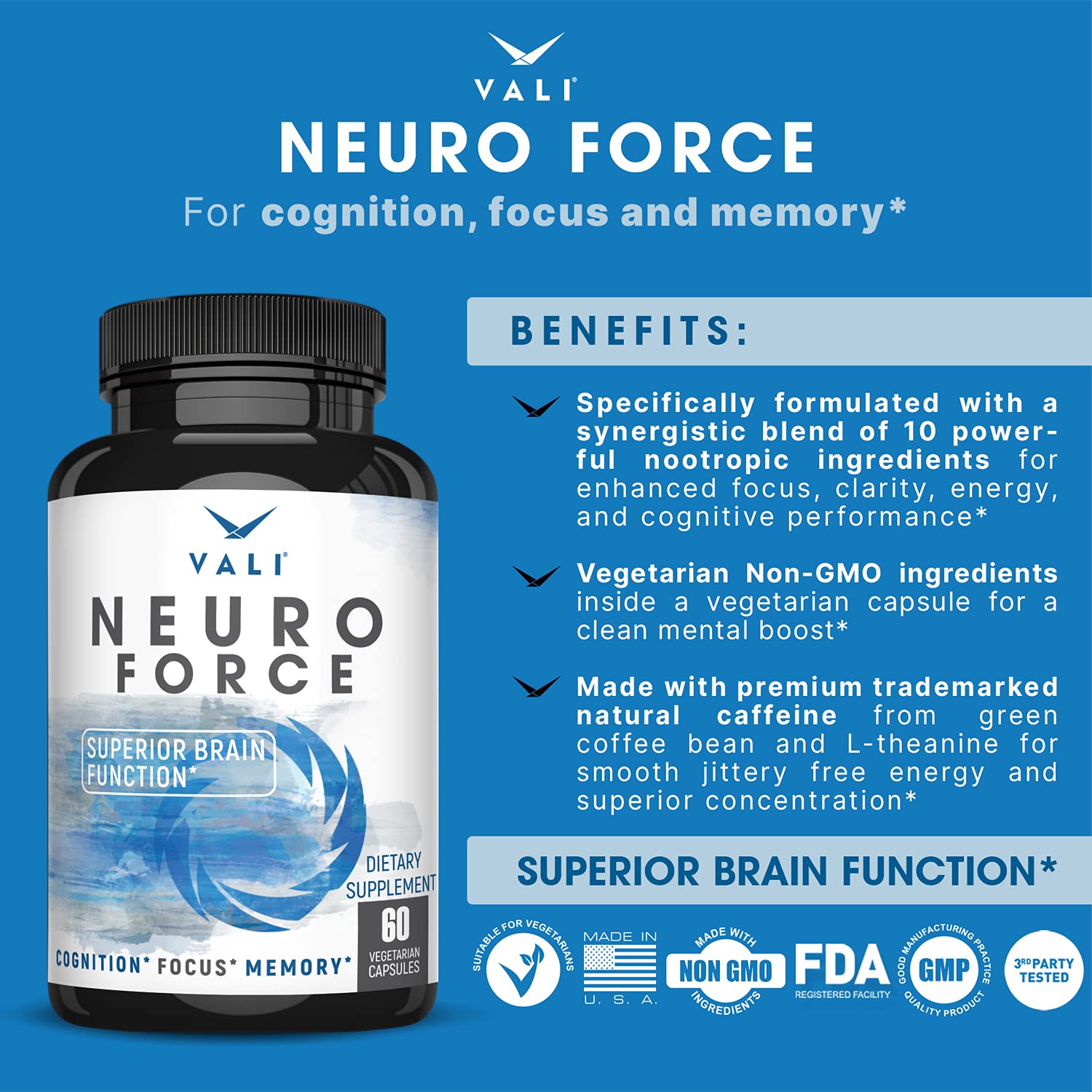 VALI Neuro Force Brain Booster Supplement for Focus, Memory, Clarity & Energy. Extra Strength Nootropic Cognitive Function Support for Mental Performance. with Natural Caffeine. 60 Veggie Capsules VALIAu supplements
