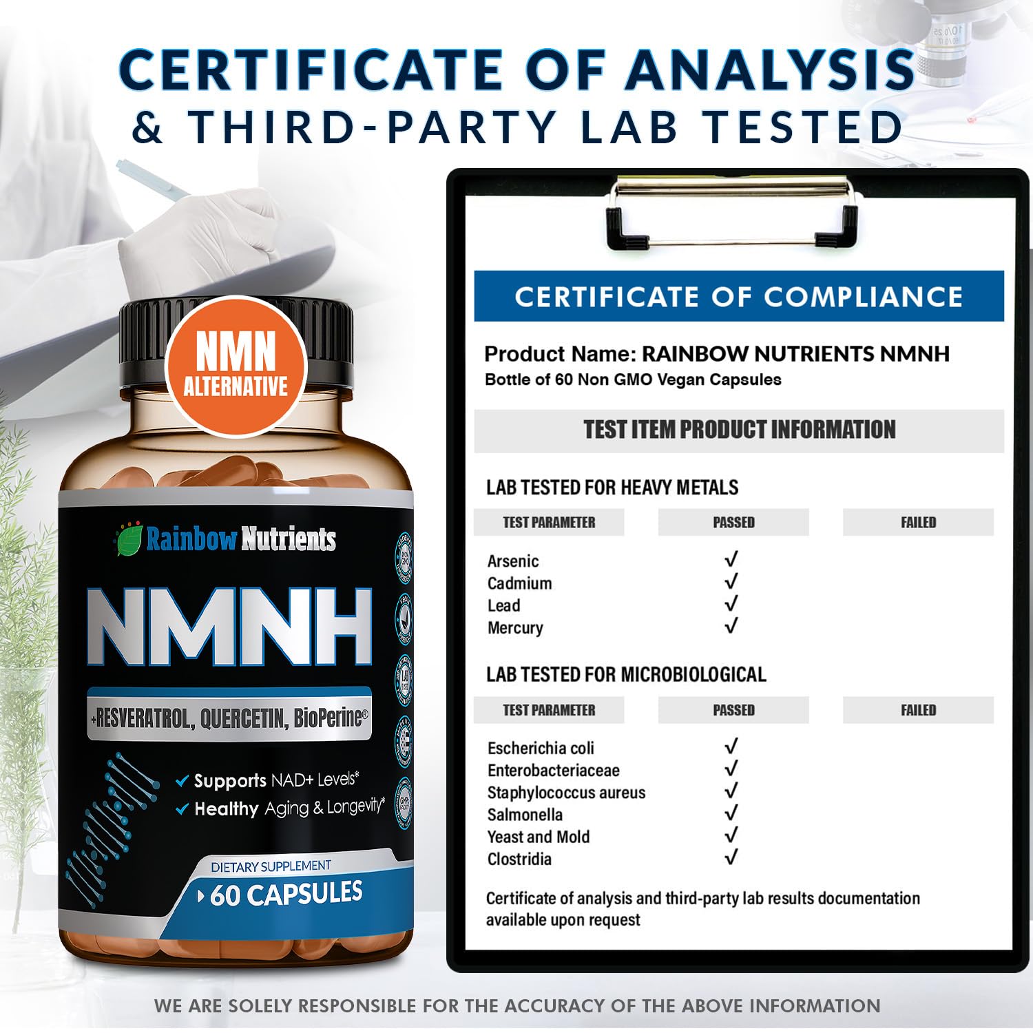 NMNH Supplement (NMN Alternative) NAD Booster for Anti-Aging, Cellular Energy & Nice Skin- Dihydronicotinamide mononucleotide, Resveratrol, Quercetin & BioPerine® for Max Absorption- 60 caps Rainbow Nutrients, LLCAu supplements