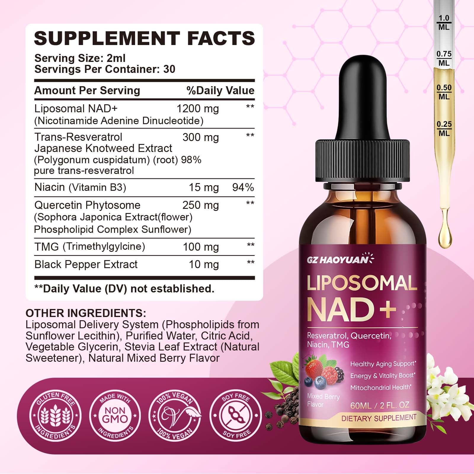 Liposomal NAD Supplement - 1200mg NAD+ Liquid Drops for Women & Men with Nicotinamide, Resveratrol, Quercetin, TMG, Black Pepper Extract - Brain & Cellular Mitochondrial Health, Anti-Aging, Longevity GZ HAOYUANAu supplements