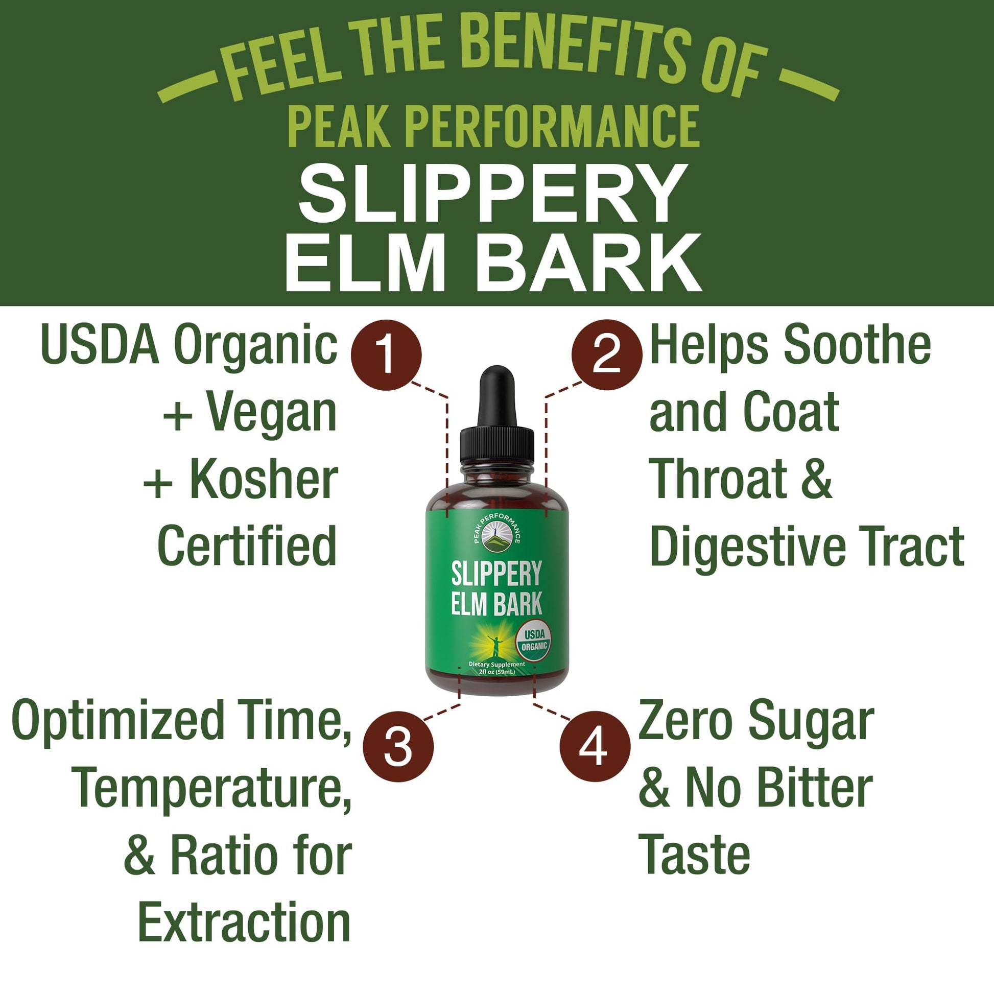 Slippery Elm Bark USDA Organic Vegan Liquid Drops. Extract with High Bioavailability for Women, Men, Kids. for Sore Throat, Irritated Stomach. Zero Sugar, Gluten Free, Tincture Supplement No Capsules Peak PerformanceAu supplements