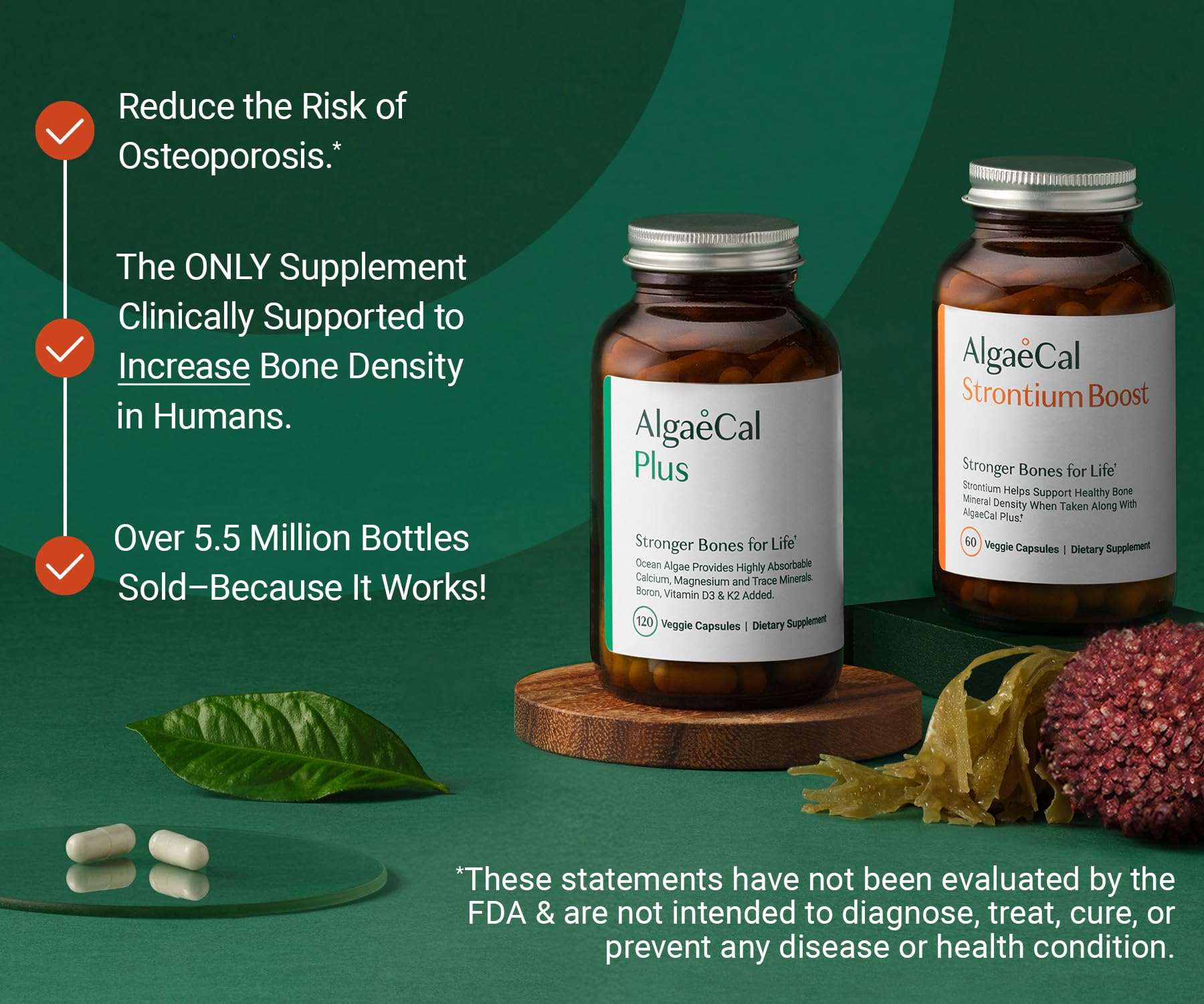 ALGAECAL Bone Builder Pack - Plant Based Calcium Supplement & Strontium - Organic Calcium 750mg with Vitamin D3 1600 IU, Vitamin K2, Magnesium
