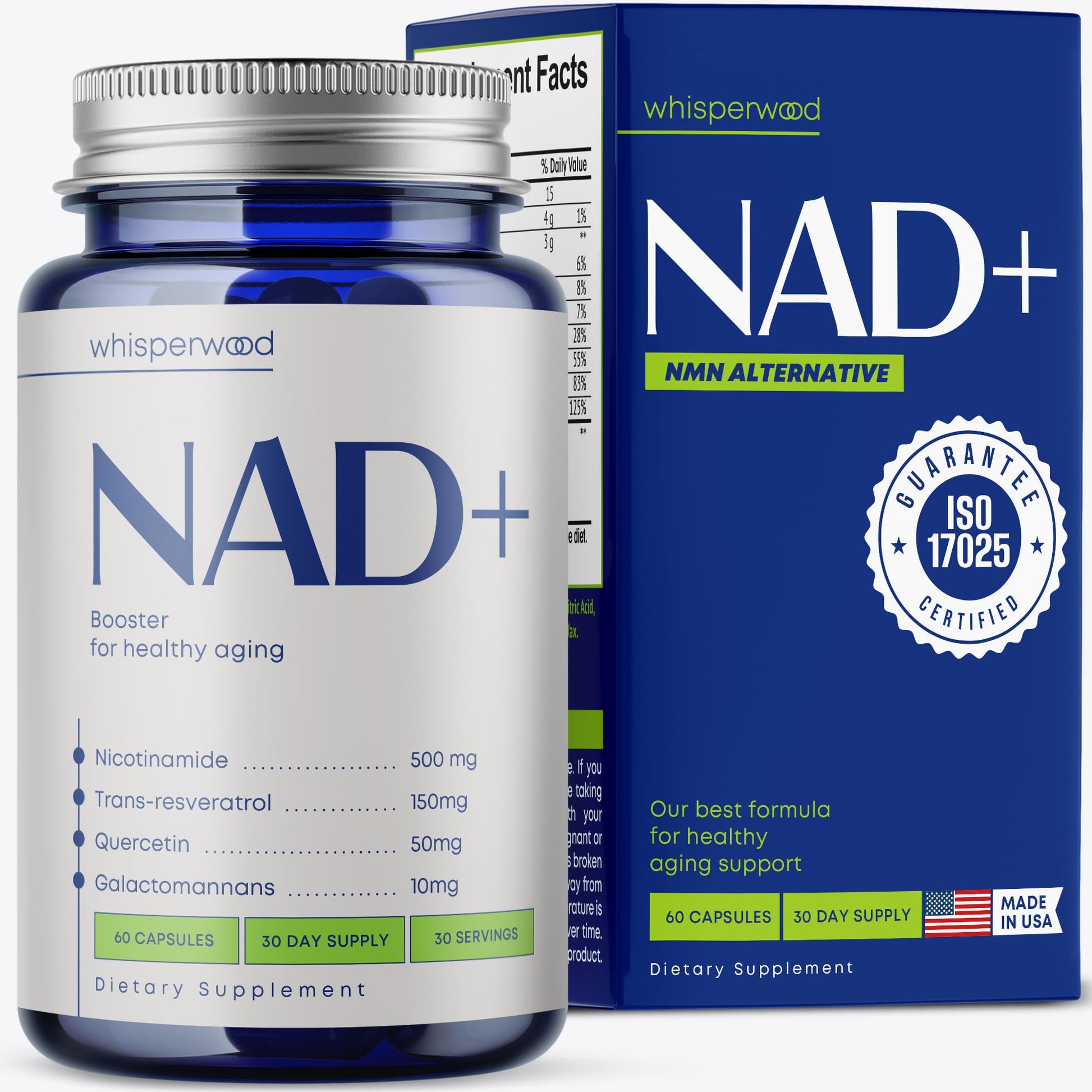 NAD+ Supplement with Nicotinamide Riboside, Trans Resveratrol & Quercetin – NAD Plus Complex for Energy, Brain & Mitochondrial Support – Antioxidant and Longevity Formula for Women & Men – 60 capsules WHISPERWOODAu supplements