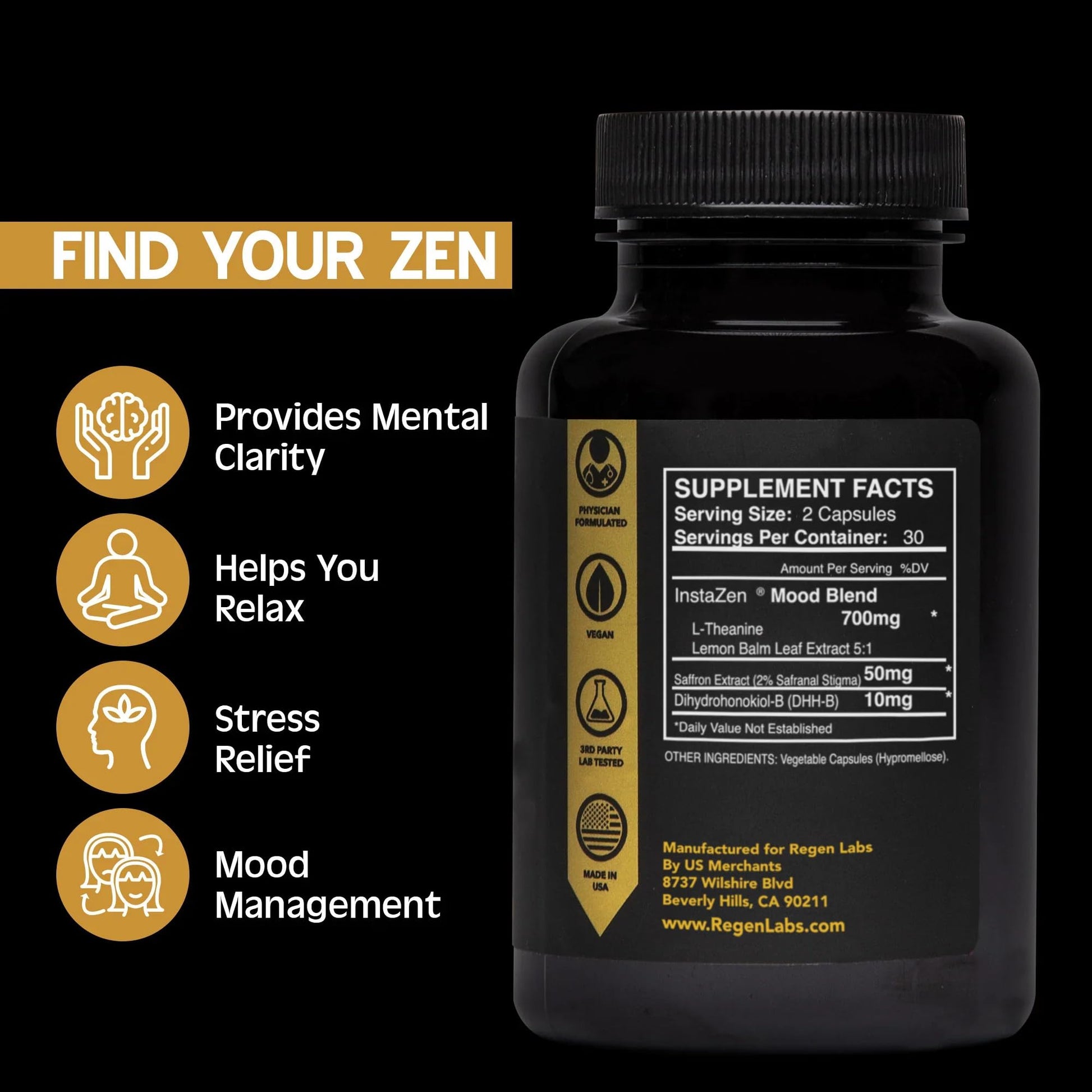 InstaZen Natural Stress Relief Supplement Mood Support | Doctor Formulated Herbal Calm Formula with DHHB, Safranal Extract, L-Theanine, Lemon Balm | Stress Support - 60 Capsules Regen Labs Regen LabsAu supplements