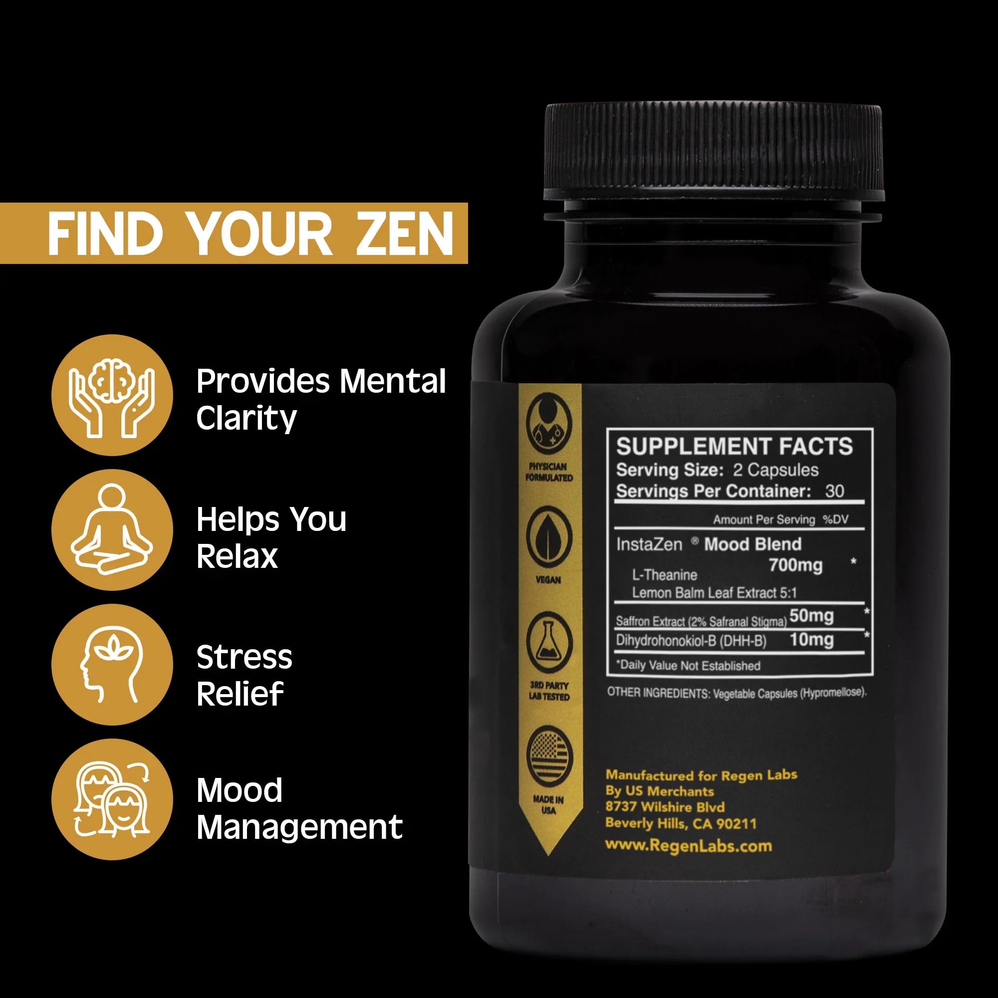 InstaZen Natural Stress Relief Supplement Mood Support | Doctor Formulated Herbal Calm Formula with DHHB, Safranal Extract, L-Theanine, Lemon Balm | Stress Support - 60 Capsules Regen Labs Regen LabsAu supplements