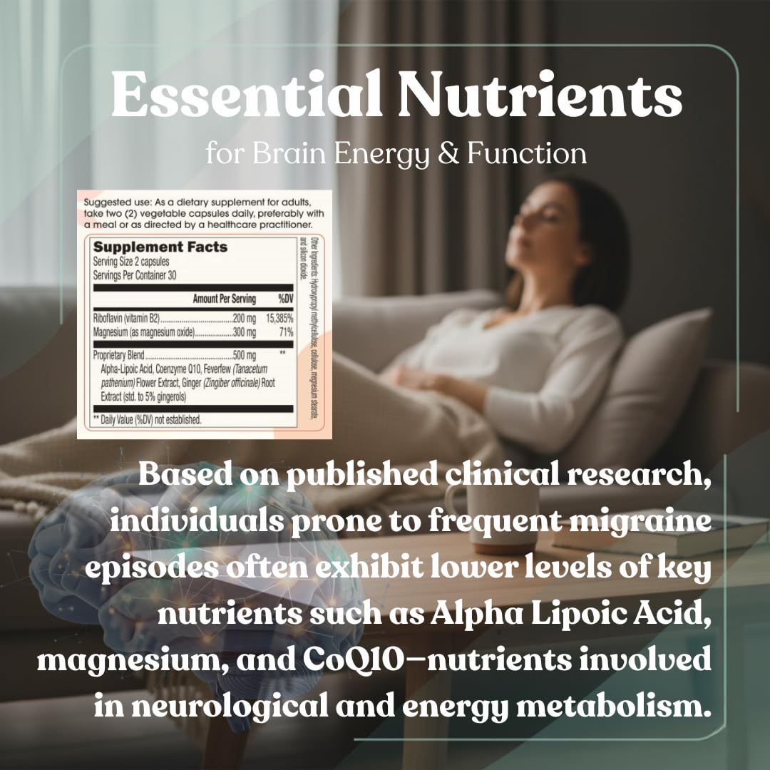 Headache and Migraine Relief Supplements - Drug Free Migraine Prevention Supplement - Natural Supplements for Migraine Headaches - Helps Reduce Frequency & Severity (60 Capsules) MIGUARDAu supplements