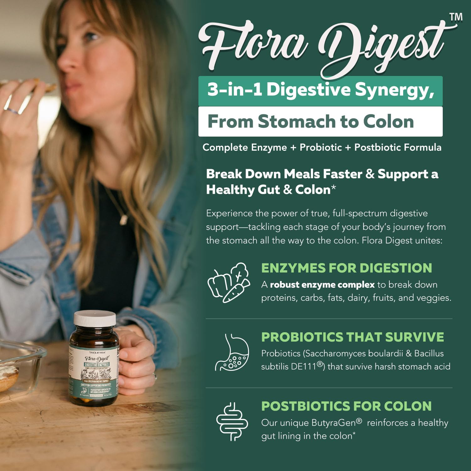 Flora Digest - 3-in-1 Max Strength Digestive Enzymes + Gut Surviving Probiotics & ButyraGen® Postbiotic for Optimal Digestion, Bloating Relief, Regularity, Gut Lining & Colon Support - (60 Capsules) Triquetra HealthAu supplements