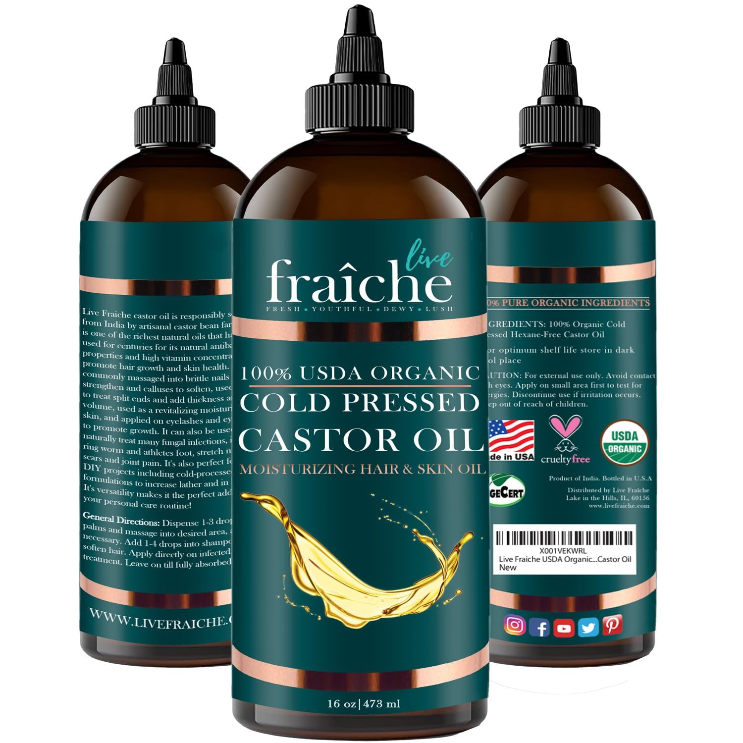 Live Fraiche USDA Organic Cold Pressed Castor Oil (16oz), 100% Pure, Hexane-Free Castor Oil Live FraicheAu supplements