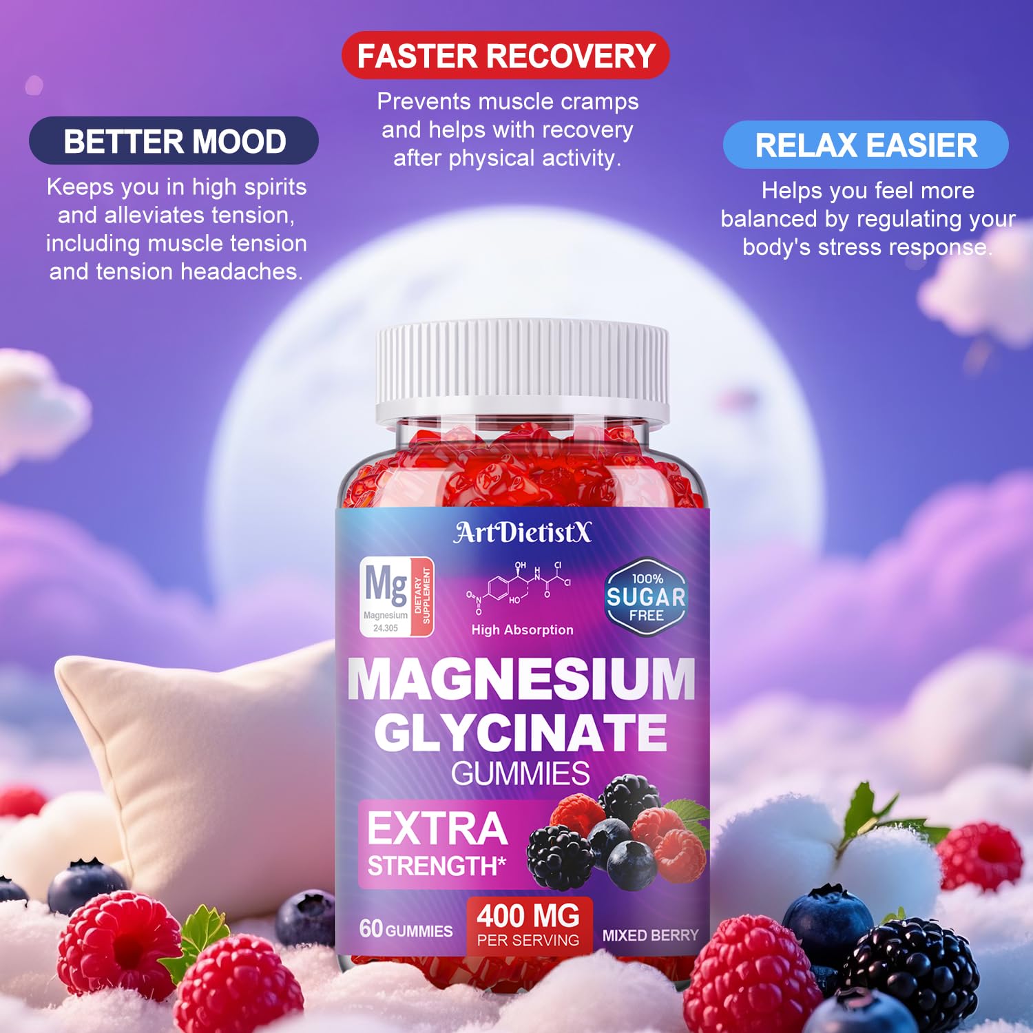 Magnesium Glycinate Gummies 400mg, Sugar Free Mаgnеsium Gummiеs for Adults with Magnesium Malate, Zinc, and Vitamin B6 for Sleep, Body Support and Relaxation, Non GMO, 60 Count-Multi-Flavor ArtDietistXAu supplements