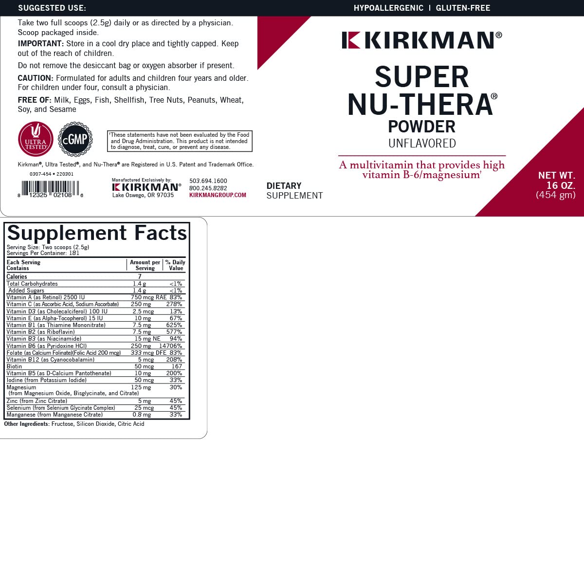 Super Nu-Thera Powder - Hypoallergenic - Unflavored - 16 Ounces KirkmanAu supplements