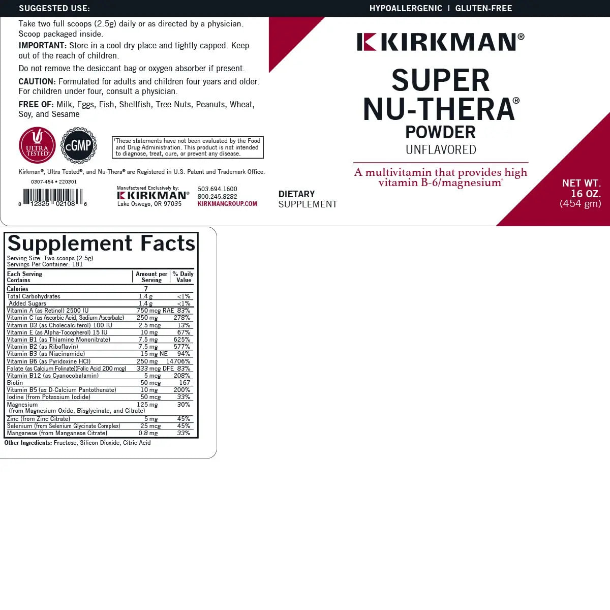 Super Nu-Thera Powder - Hypoallergenic - Unflavored - 16 Ounces KirkmanAu supplements