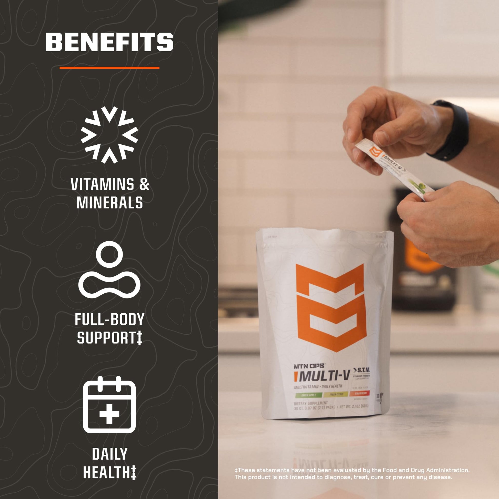 MTN OPS Multi‑V STM On‑the‑Go Daily Multivitamin for Men, Women & Kids – Straight‑to‑Mouth Vitamin C D3 B Zinc Packs – Gluten Free, Natural Flavors, 30 Servings MTN OPSAu supplements