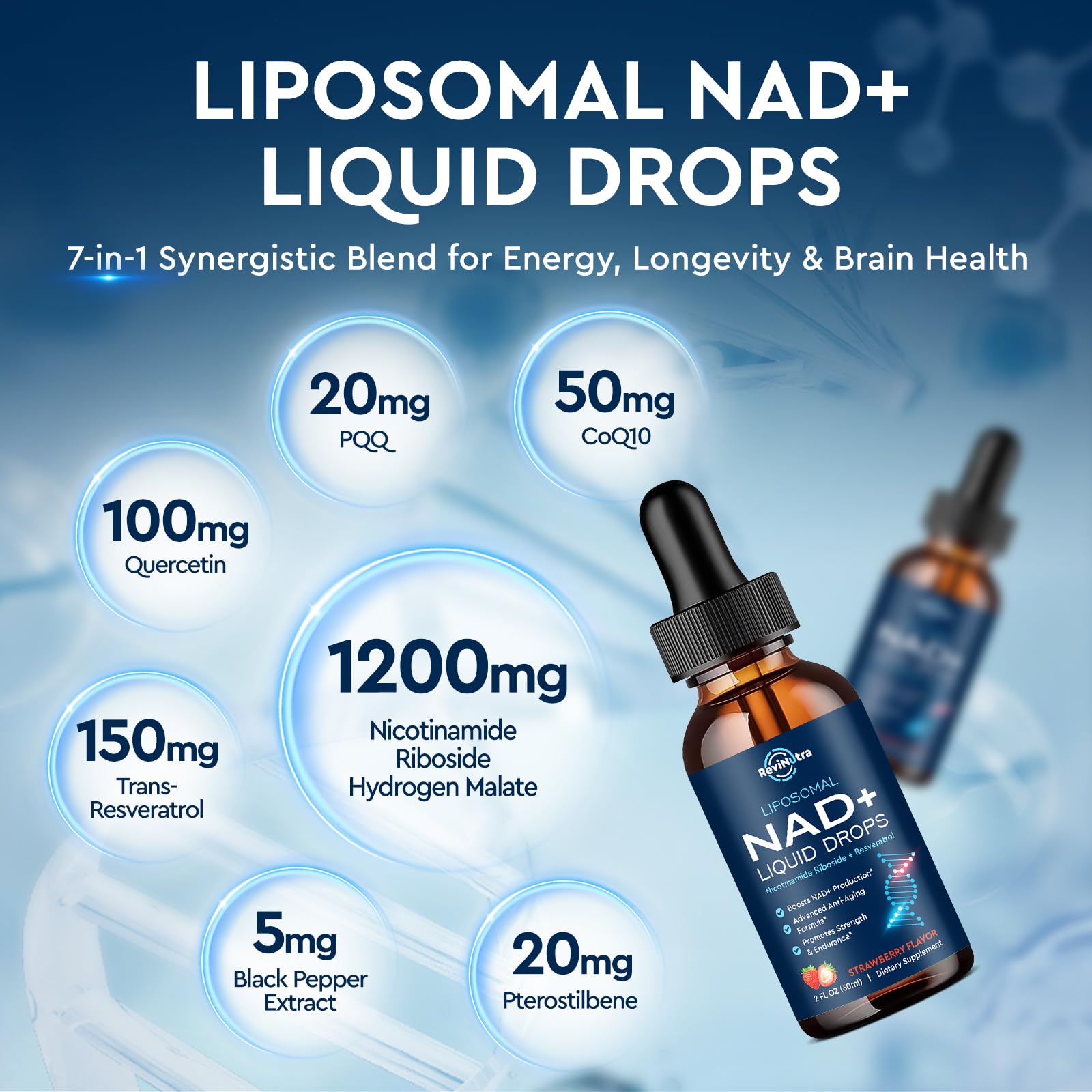 Liposomal NAD+ Liquid Supplement, Nad Resveratrol Supplement for Women & Men, Nicotinamide Riboside with PQQ, CoQ10, Quercetin for Anti-Aging, Brain, Cellular Energy Health, Strawberry Flavor, 2 Fl Oz ReviNutraAu supplements