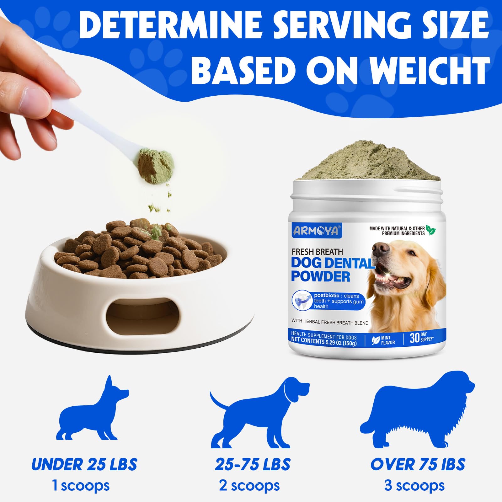 Dog Teeth Cleaning Powder - Dental Powder for Dogs Teeth - Plaque Removal - Supports Gum Health - Tartar Remover with Natural Herb Blend and Postbiotics 30 Day Supply - Mint Flavor ARMOYAAu supplements