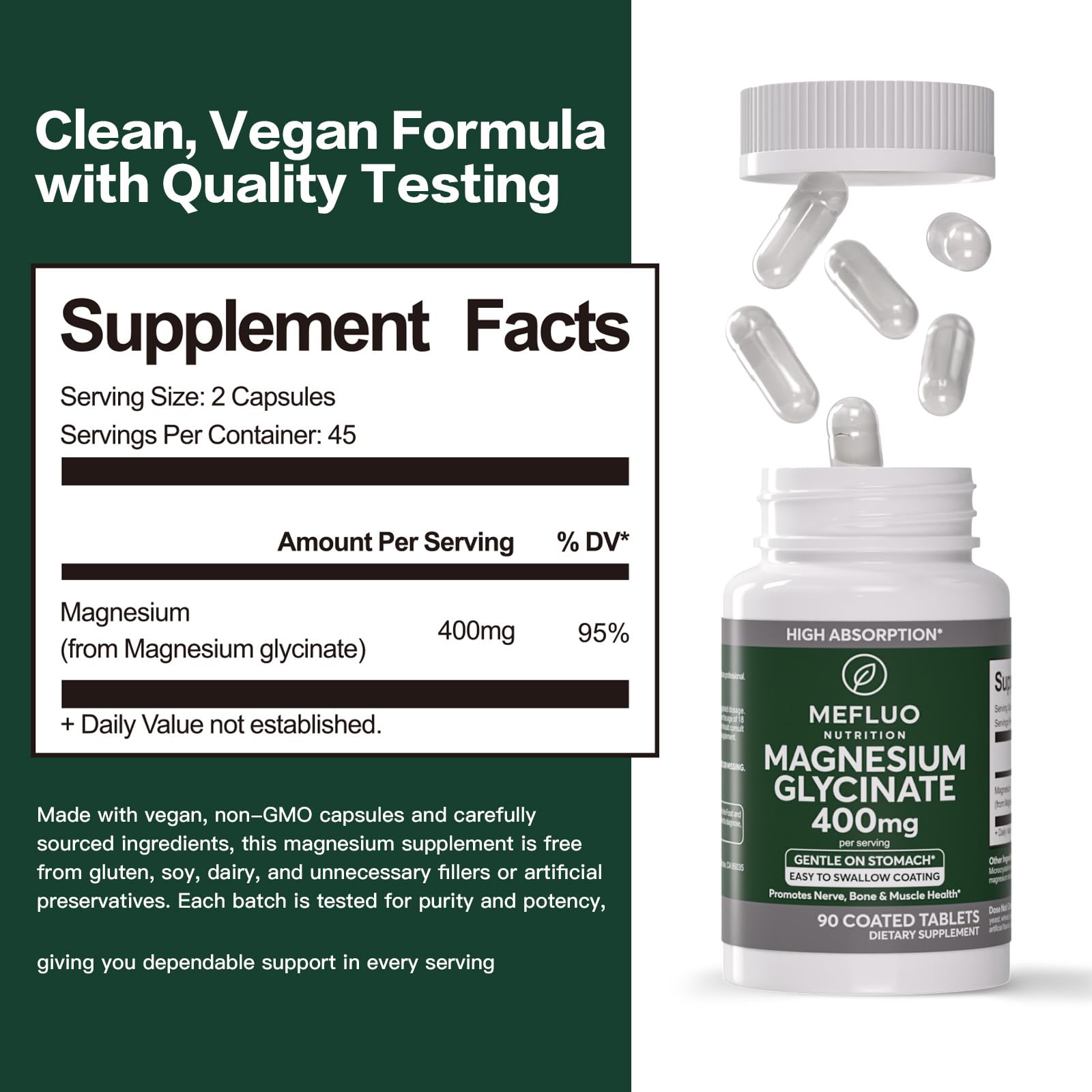 Magnesium Glycinate 400mg – High Absorption Magnesium Supplement for Muscle, Nerve & Sleep Support – Gentle on Stomach, Non-GMO, Vegan Capsules, 90 Count MefluoAu supplements
