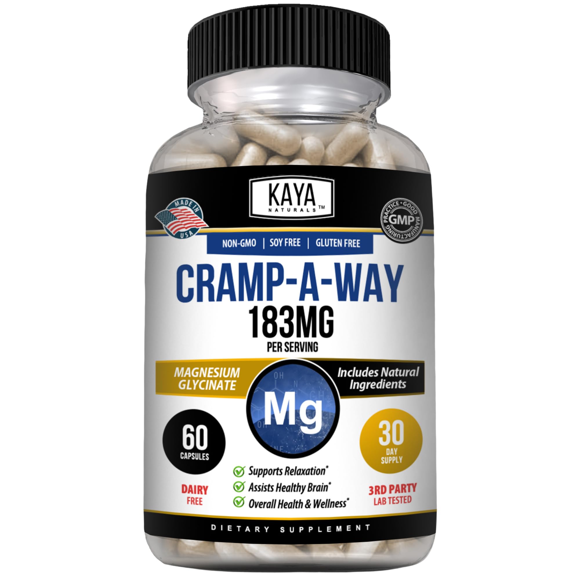 Kaya Naturals Cramp-A-Way Magnesium Glycinate 183mg (60 Count (Pack of 1) Kaya NaturalsAu supplements