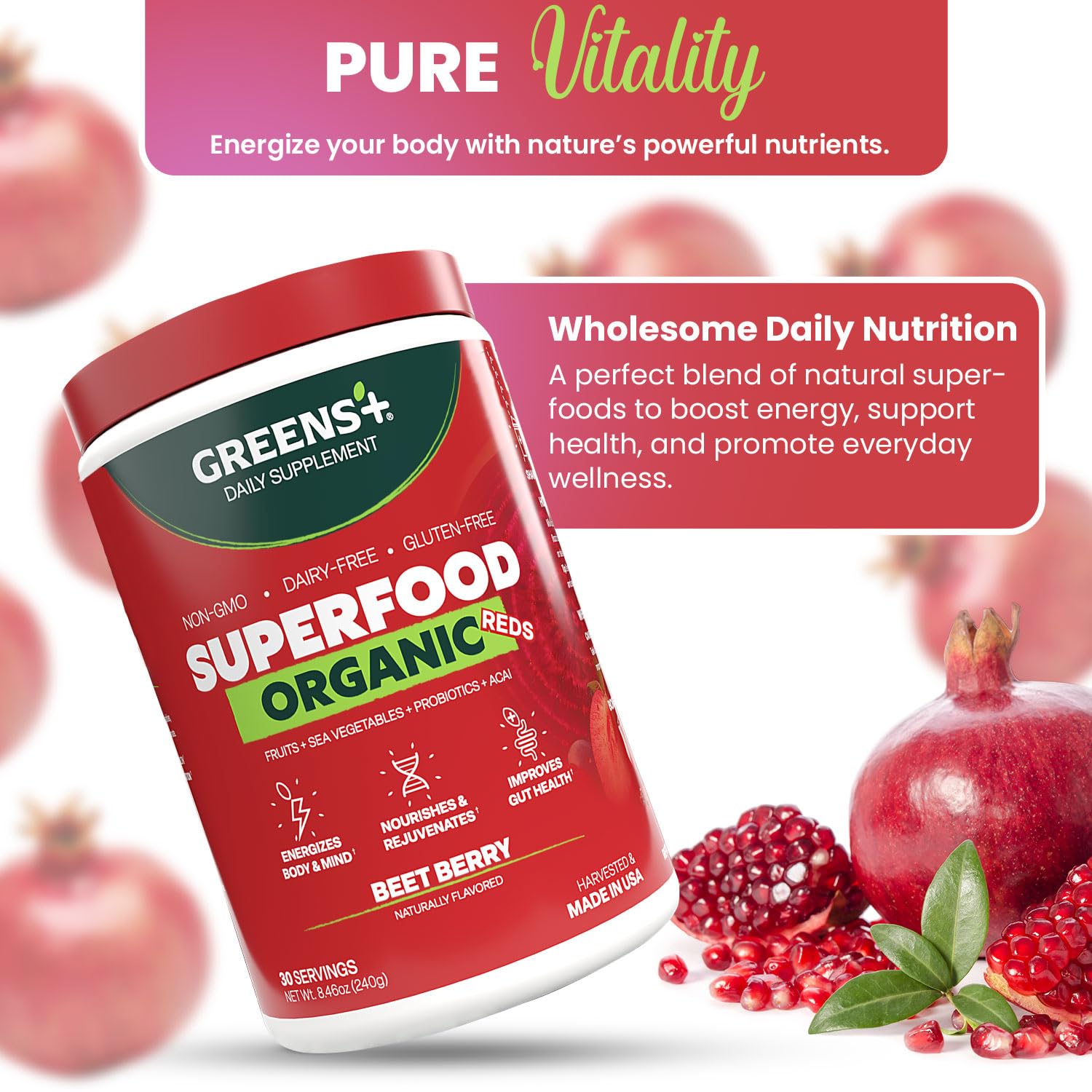 Greens+ Organic Reds Superfood Powder, Antioxidant, Polyphenol, Blend for Morning Kick, Energy, Vitality Boost, Nutrition, Vibrant Health, Vegan Soy/Dairy/Gluten Free(8.46oz) Greens+Au supplements