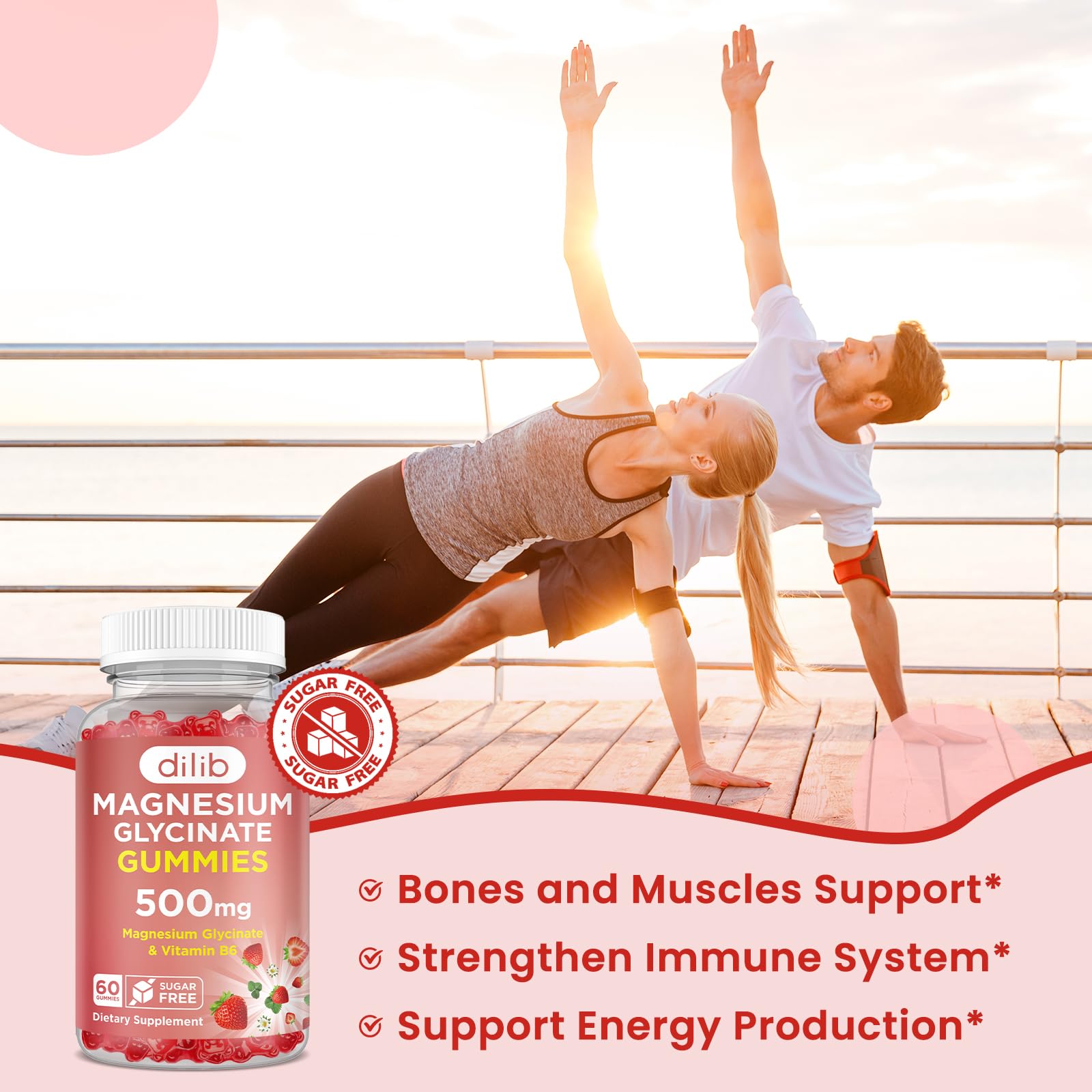 Magnesium Glycinate Gummies 500mg - Magnesium Supplement with Vitamin B6 for Adults & Magnesium for Kids - Calm Magnesium for Sleep, Mood, Muscle Support - Strawberry Flavor, 60 Gummies dilibAu supplements