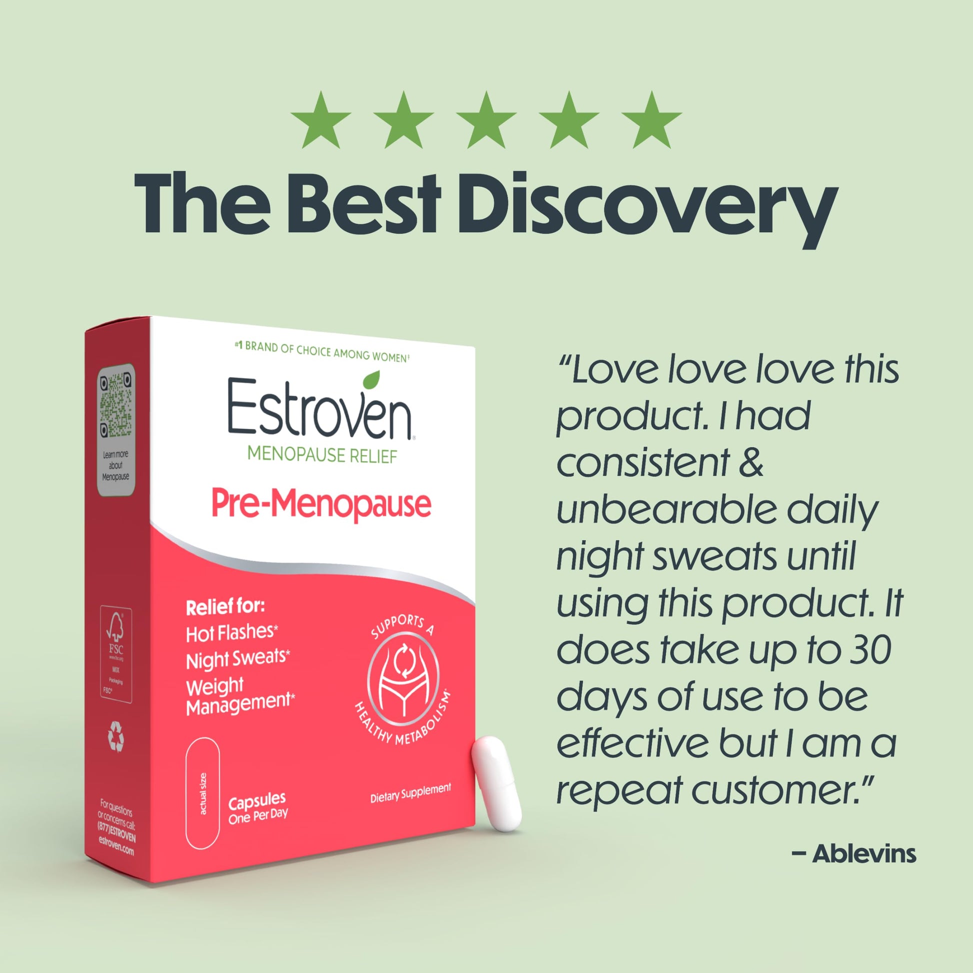 Estroven Pre-Menopause Relief, 30 Ct., Clinically Proven Ingredients, Provides Menopause Relief plus Night Sweats & Hot Flash Relief, Drug-Free or Estrogen Free EstrovenAu supplements