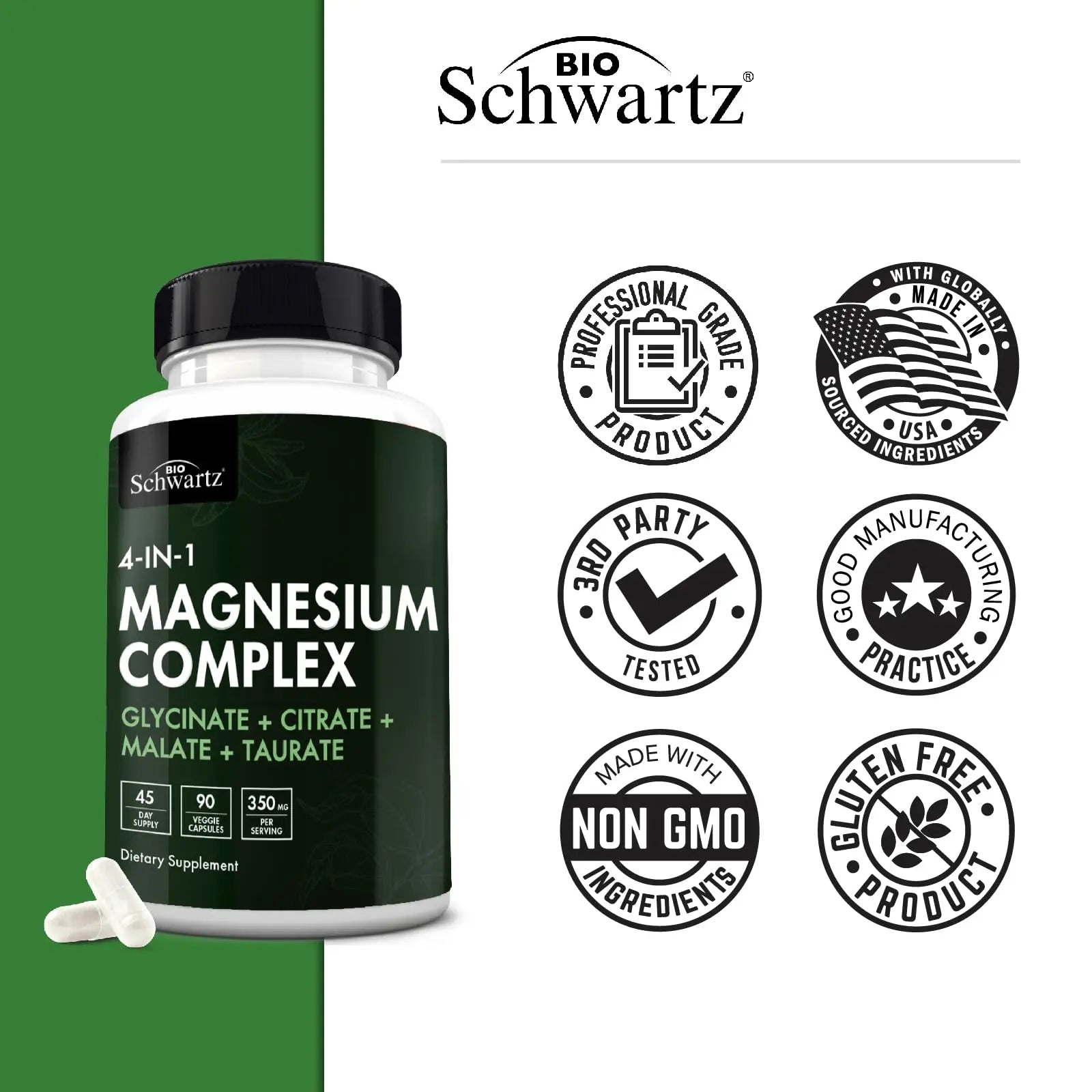 BioSchwartz Magnesium Complex Supplement (90 Capsules) 350mg Magnesium Glycinate Citrate Malate and Taurate Per Serving for Healthy Nerves Muscles Heart Sleep Support (Vegan, Gluten-Free, Non-GMO) BioSchwartznz supplements