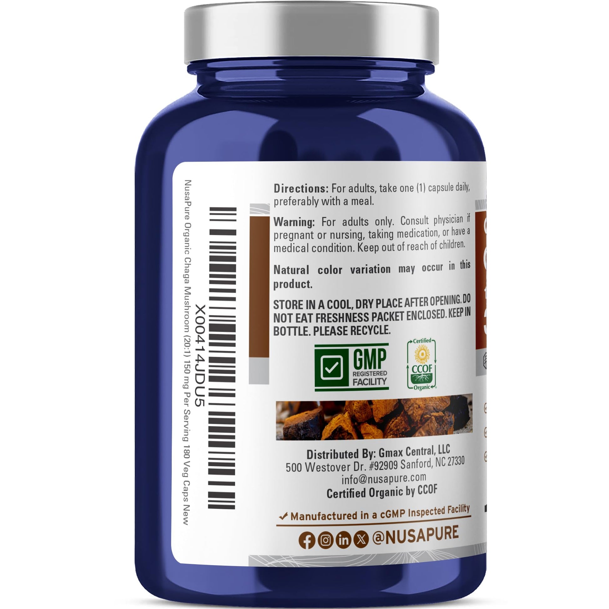 NusaPure Chaga Mushroom 20:1 Extract, 150 mg Equivalent to 3,000mg per Veggie Capsule, 180 Count, USDA Organic, Vegan, Non-GMO NusaPureAu supplements